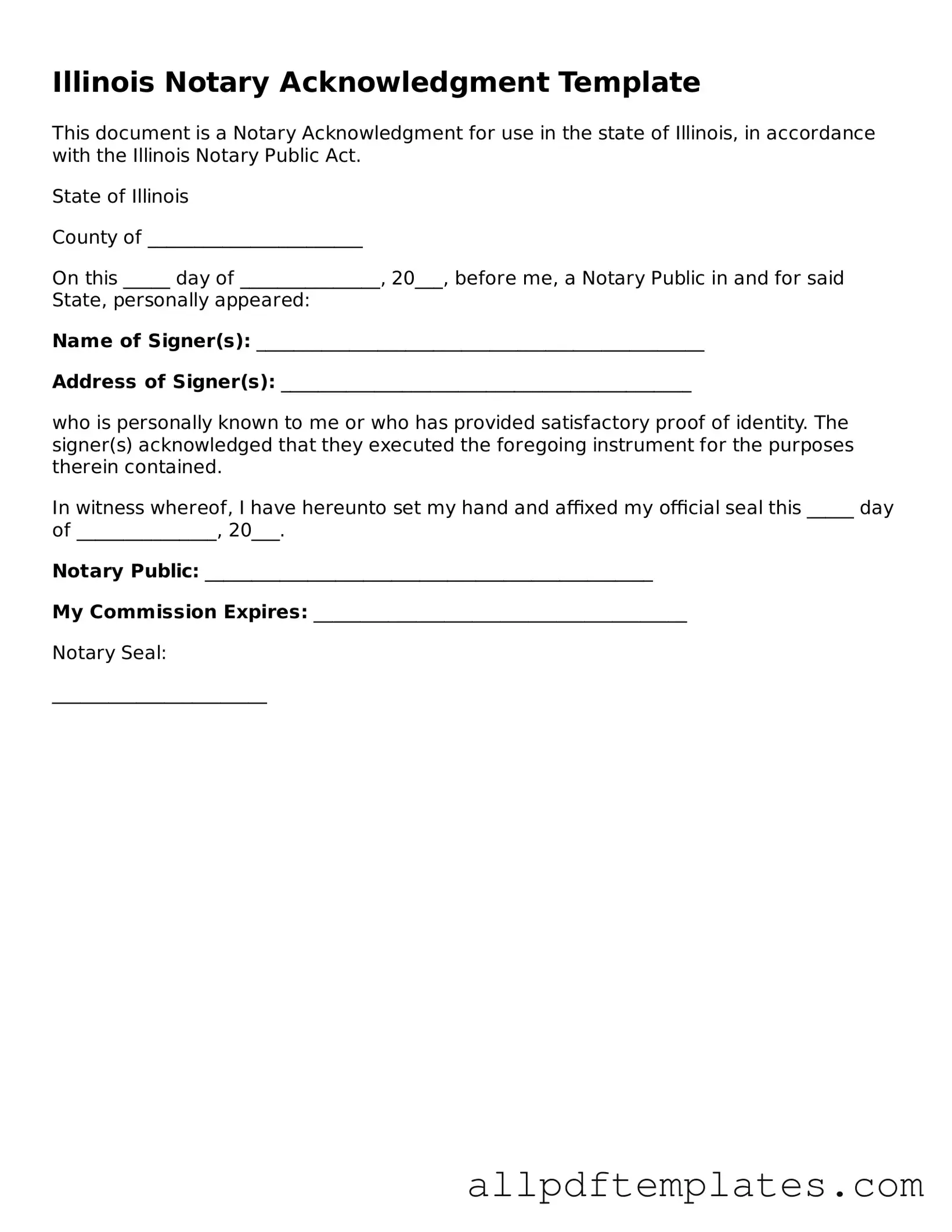 Blank Notary Acknowledgement Document for Illinois State