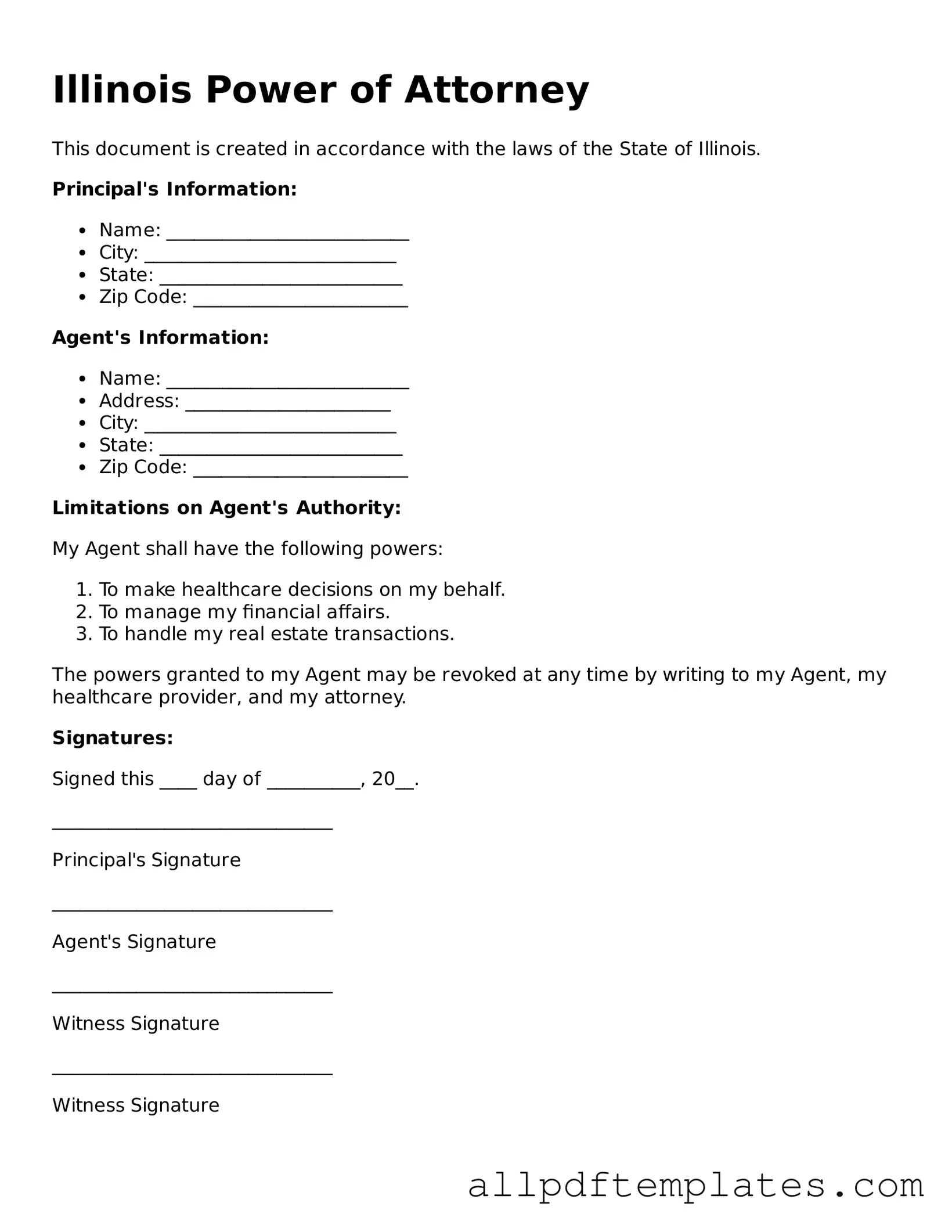 Blank Power of Attorney Document for Illinois State