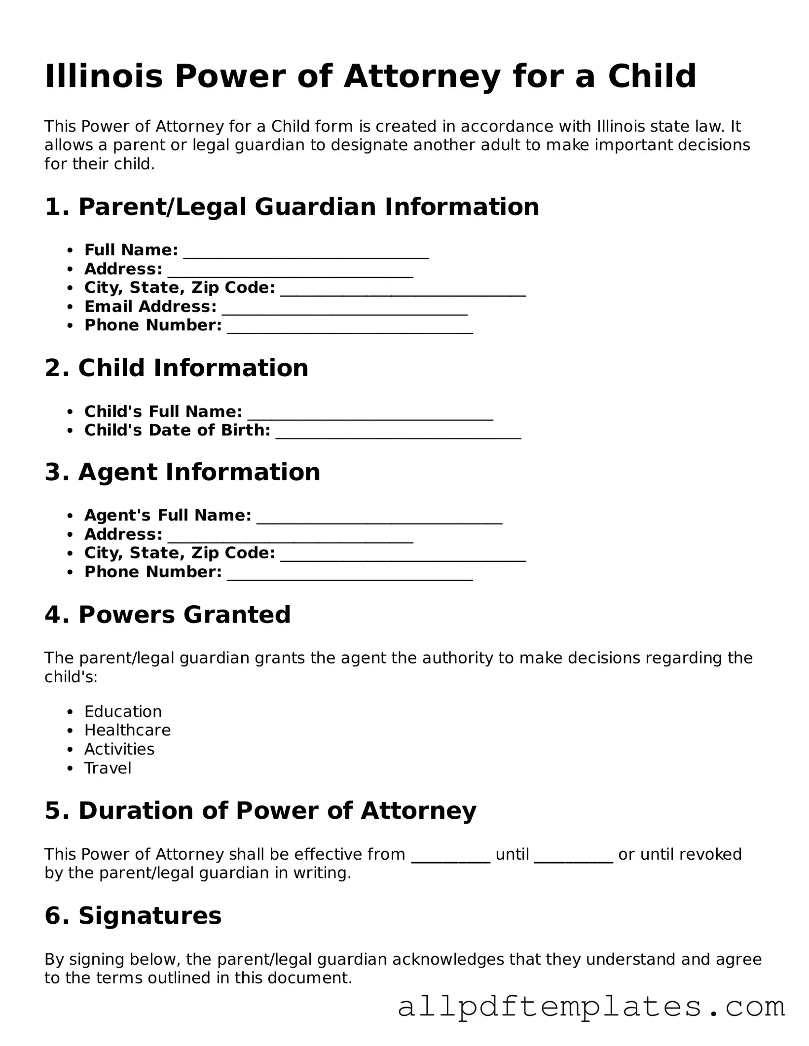 Blank Power of Attorney for a Child Document for Illinois State