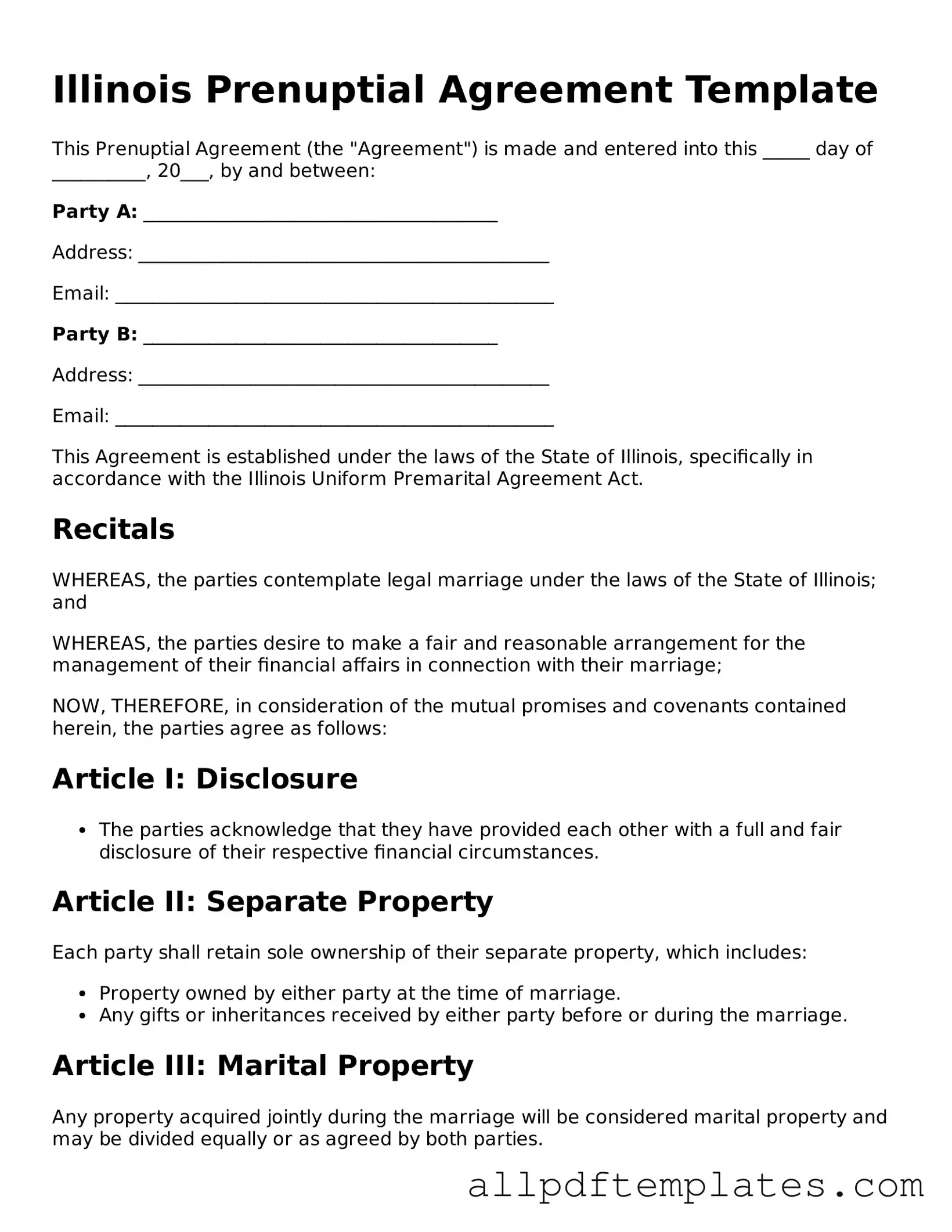 Blank Prenuptial Agreement Document for Illinois State