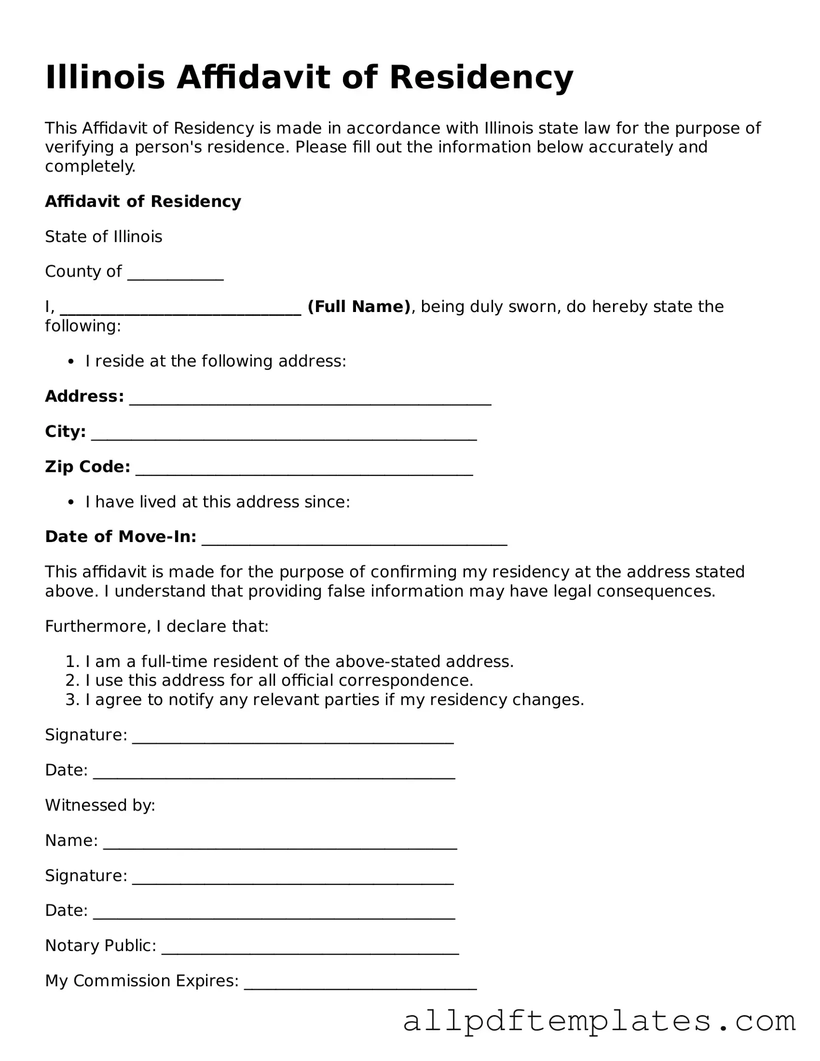 Blank Affidavit of Residency Document for Illinois State