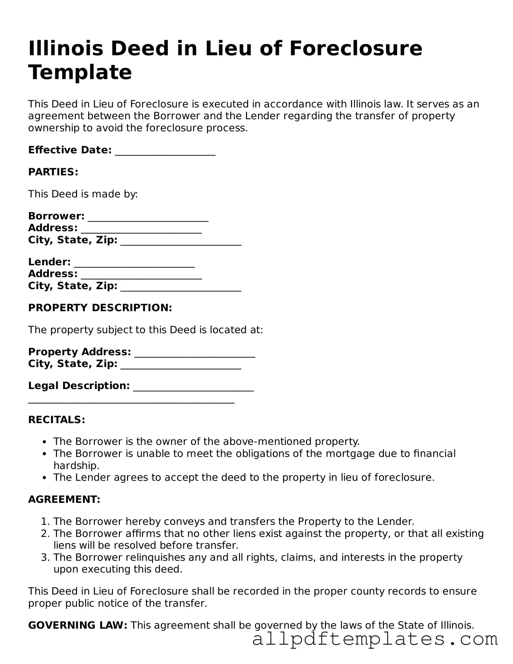 Blank Deed in Lieu of Foreclosure Document for Illinois State