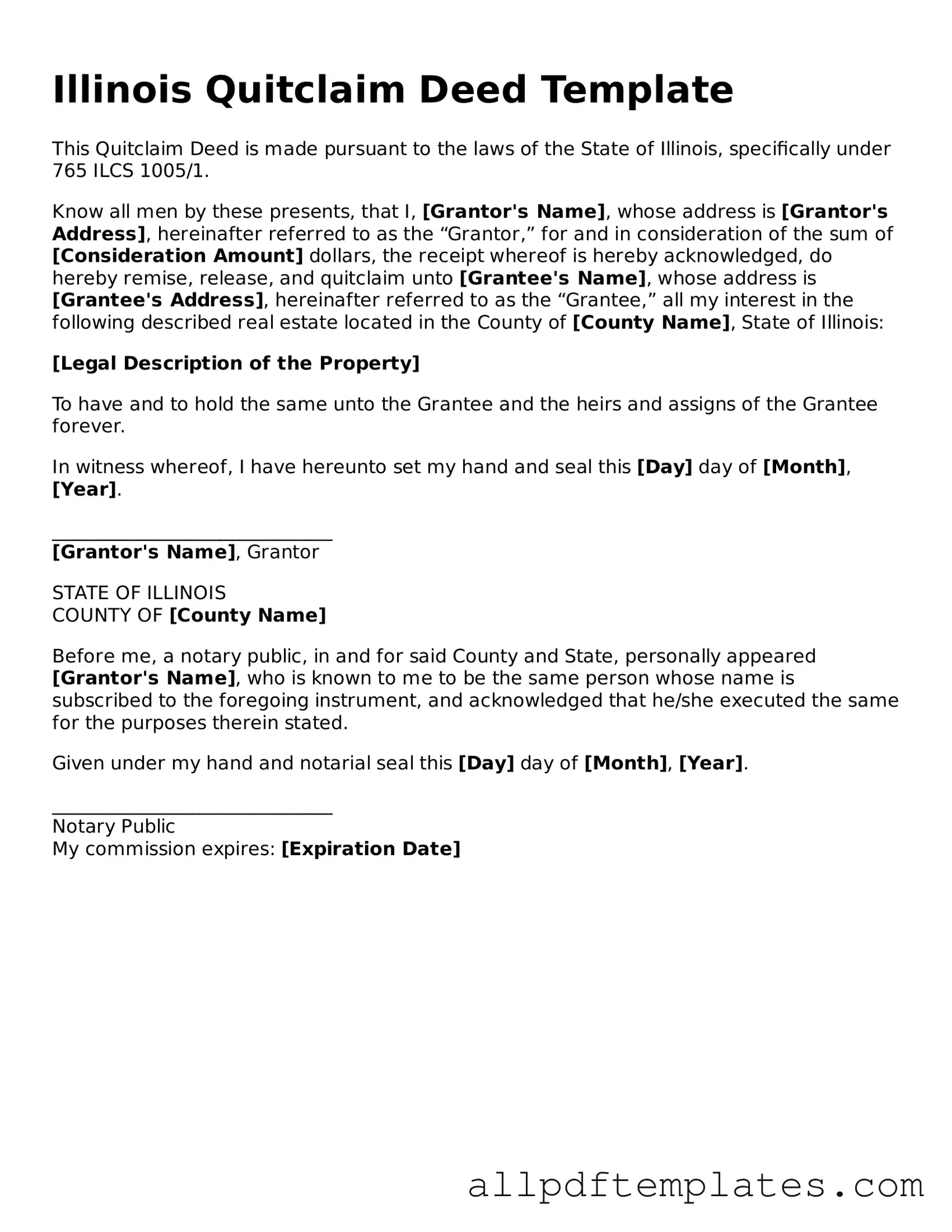 Blank Quitclaim Deed Document for Illinois State