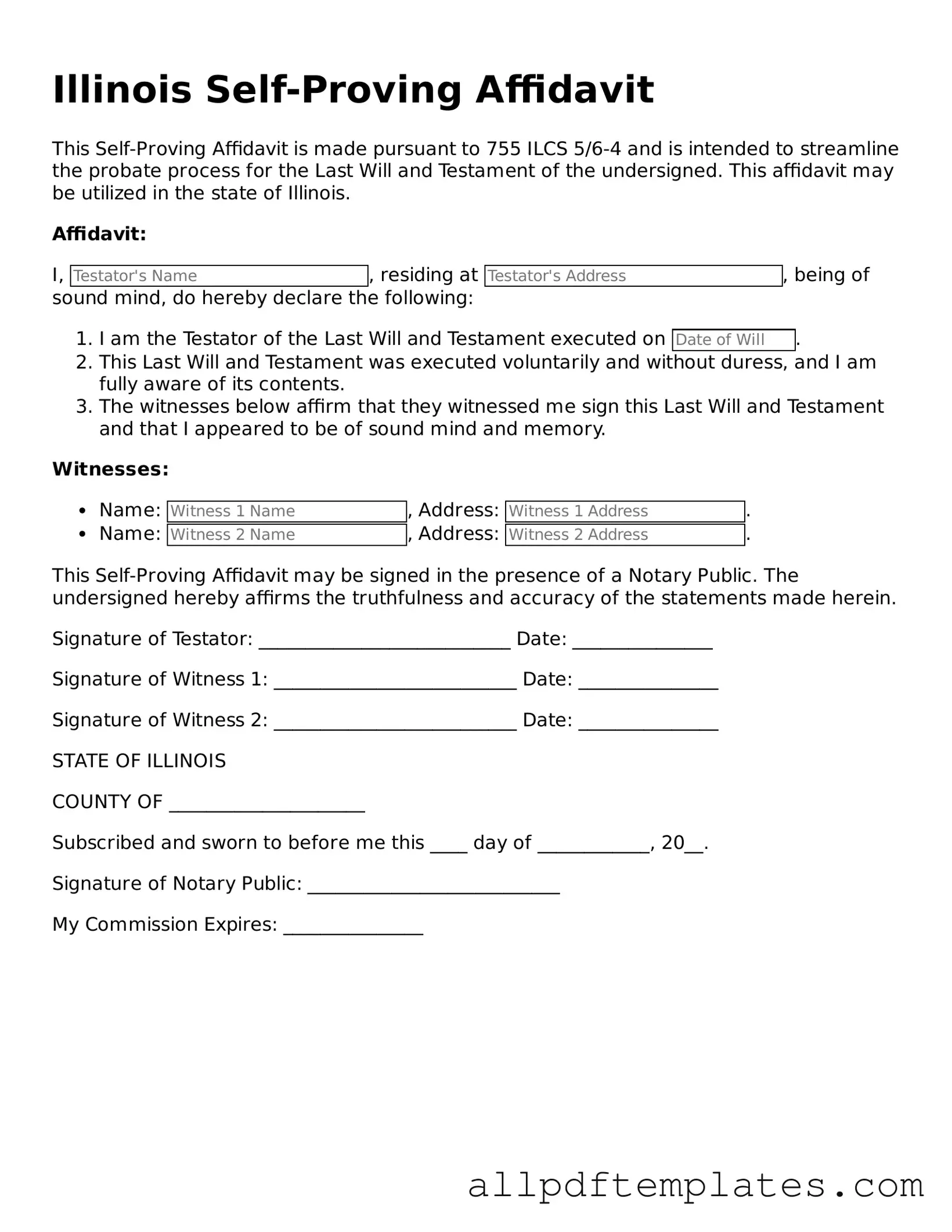 Blank Self-Proving Affidavit Document for Illinois State
