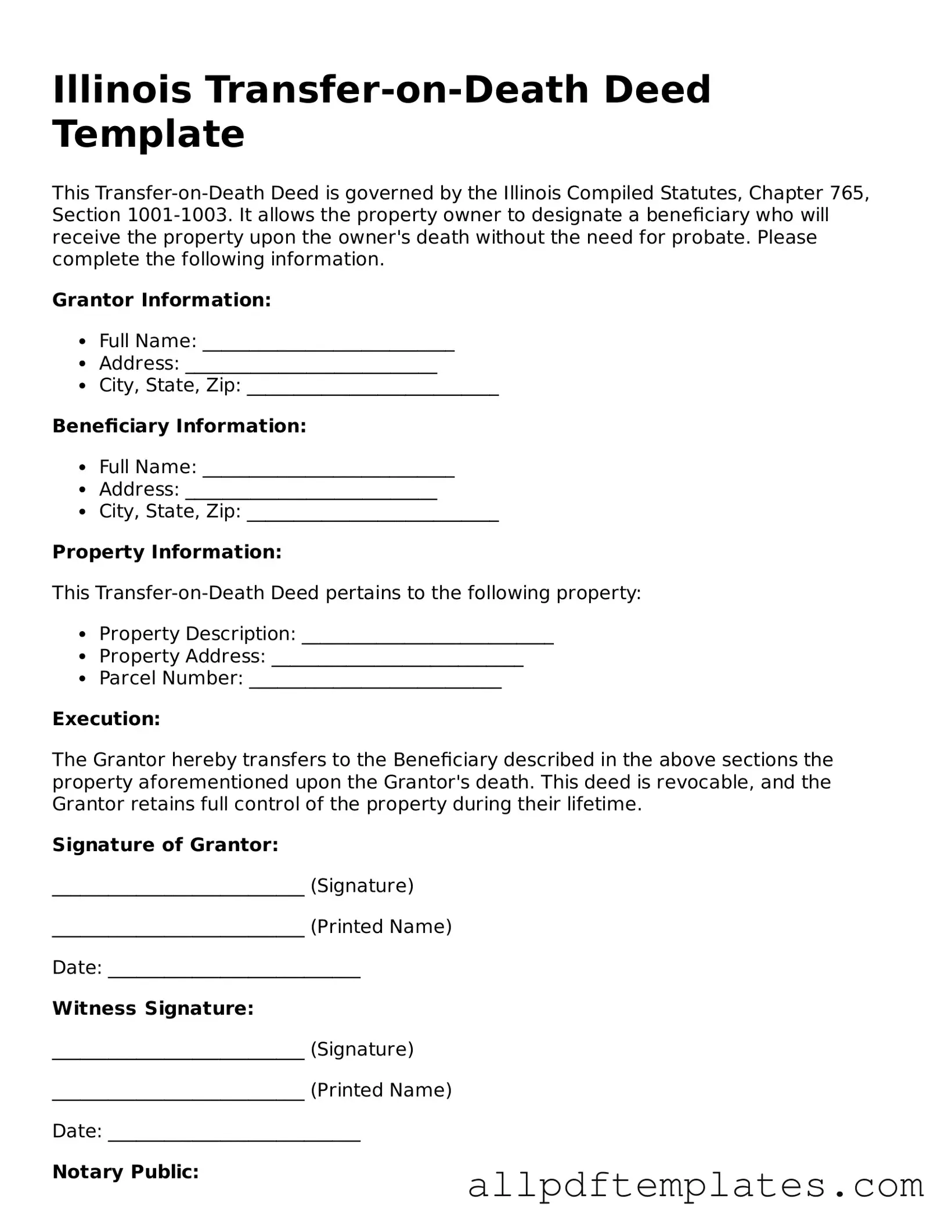 Blank Transfer-on-Death Deed Document for Illinois State