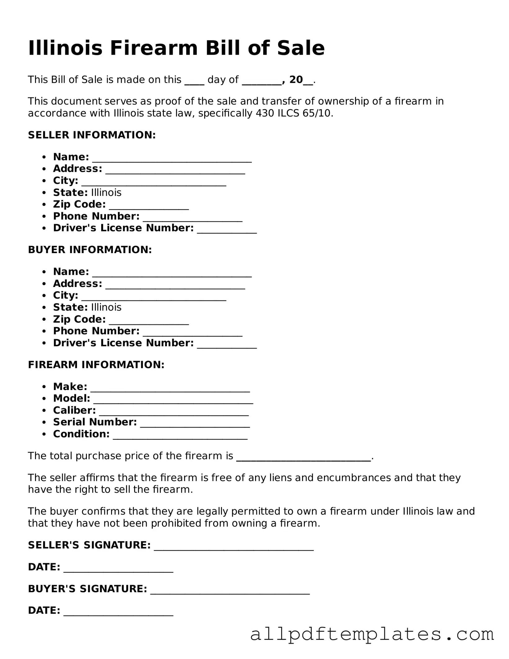 Blank Firearm Bill of Sale Document for Illinois State