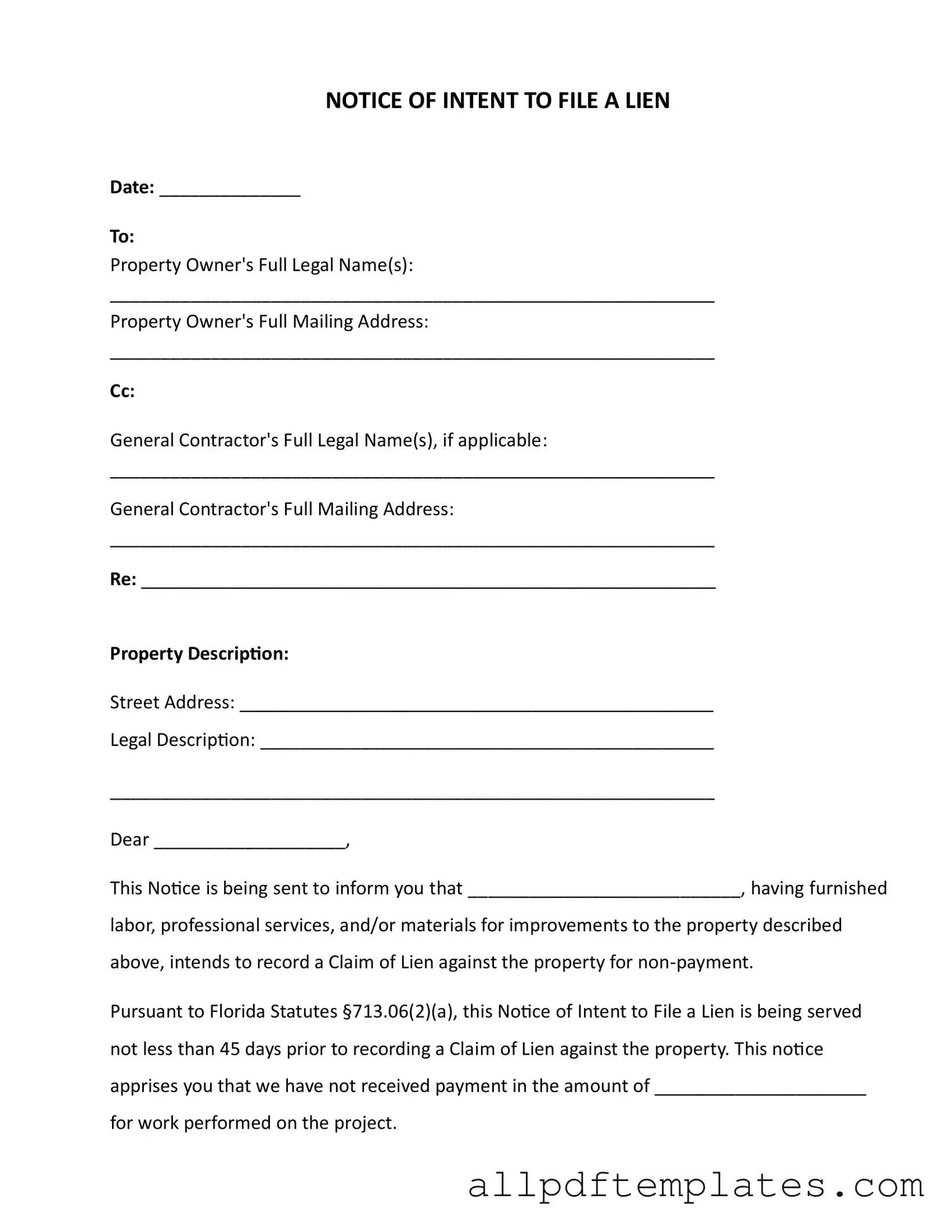 Get Intent To Lien Florida Form in PDF