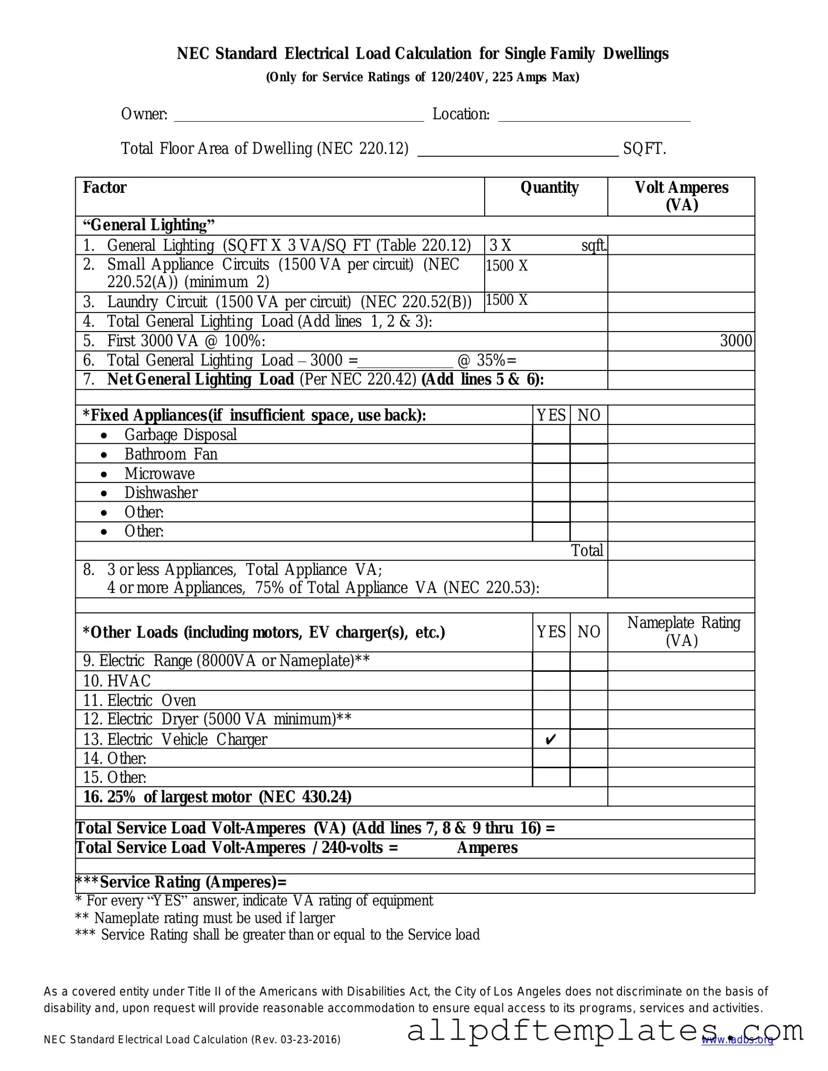 Get LADBS NEC Standard Electrical Load Calculation Form in PDF