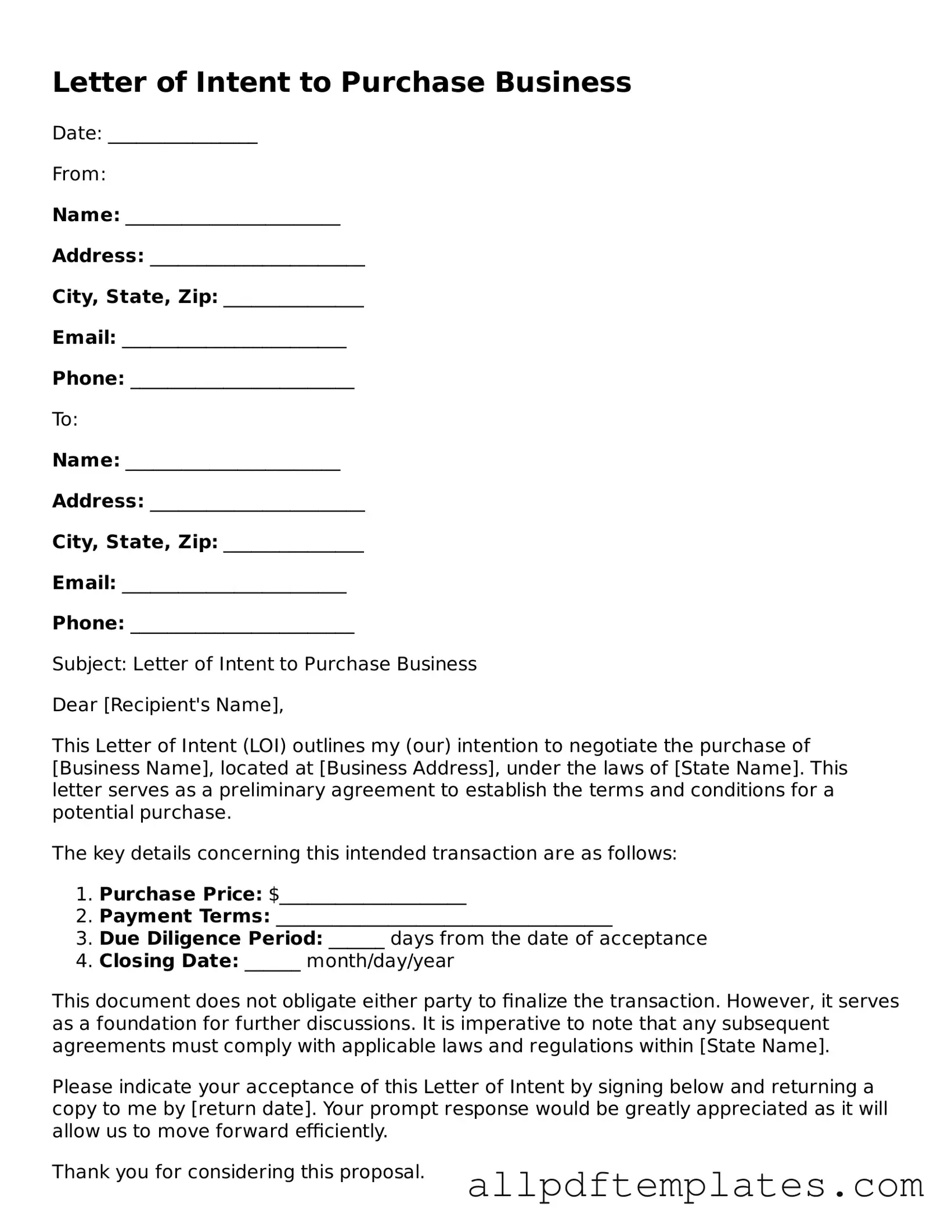 Free Letter of Intent to Purchase Business Template
