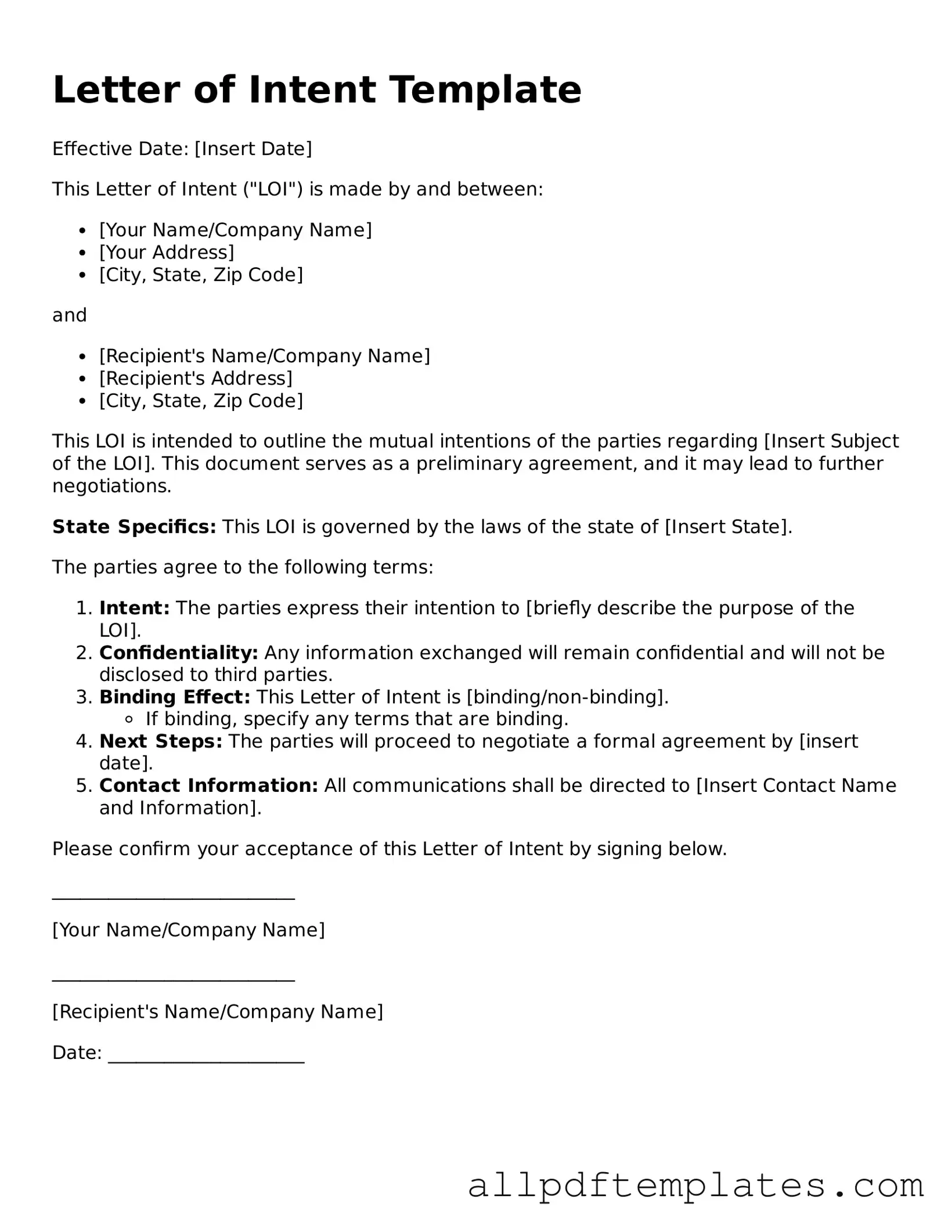 Free Letter of Intent Template