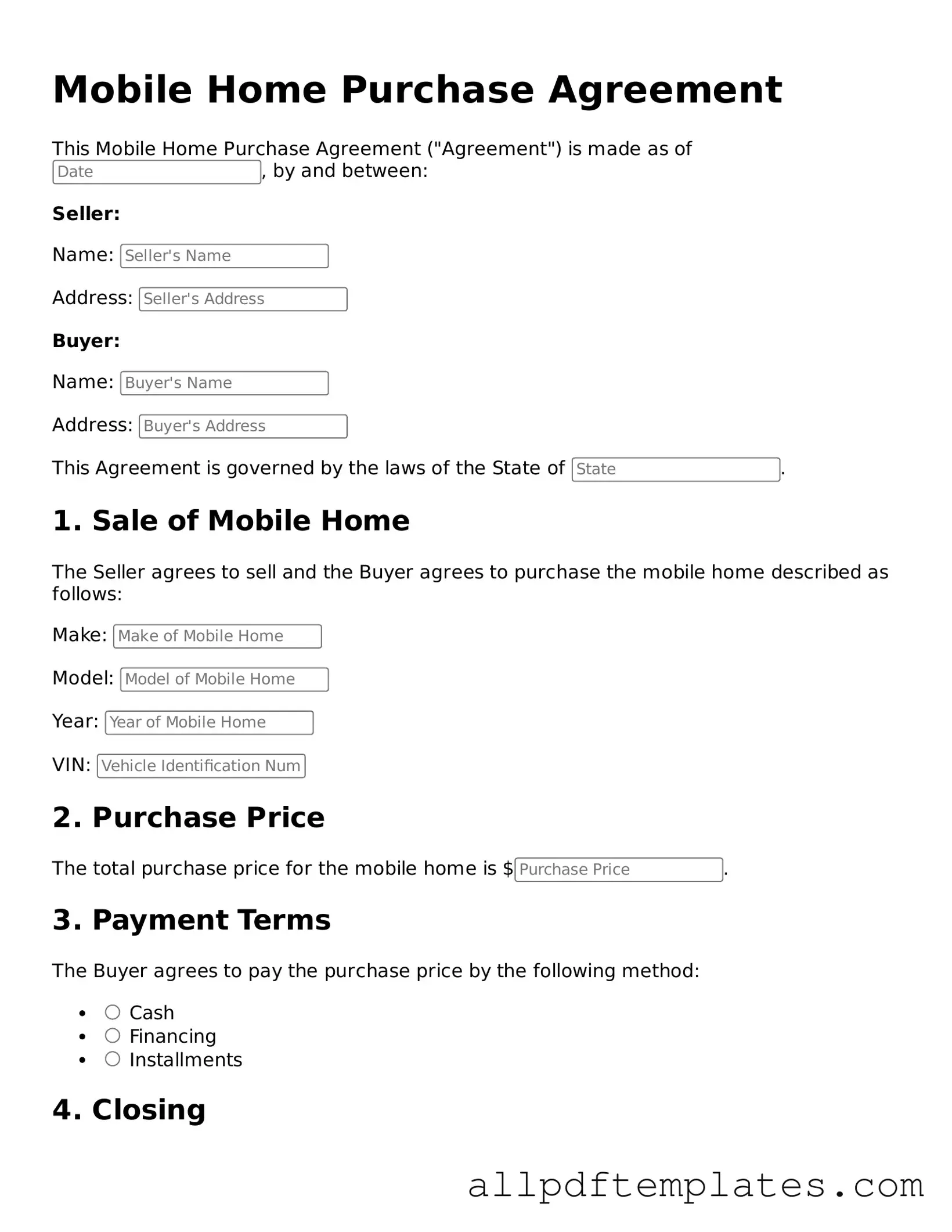 Free Mobile Home Purchase Agreement Template
