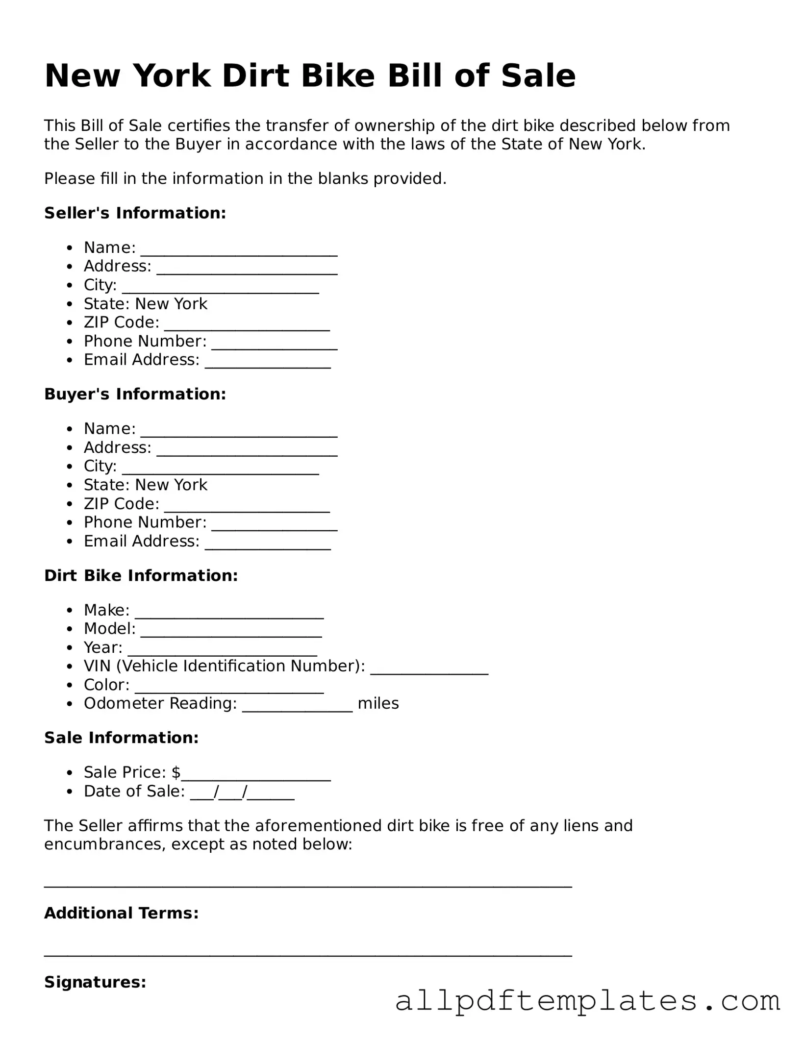Blank Dirt Bike Bill of Sale Document for New York State