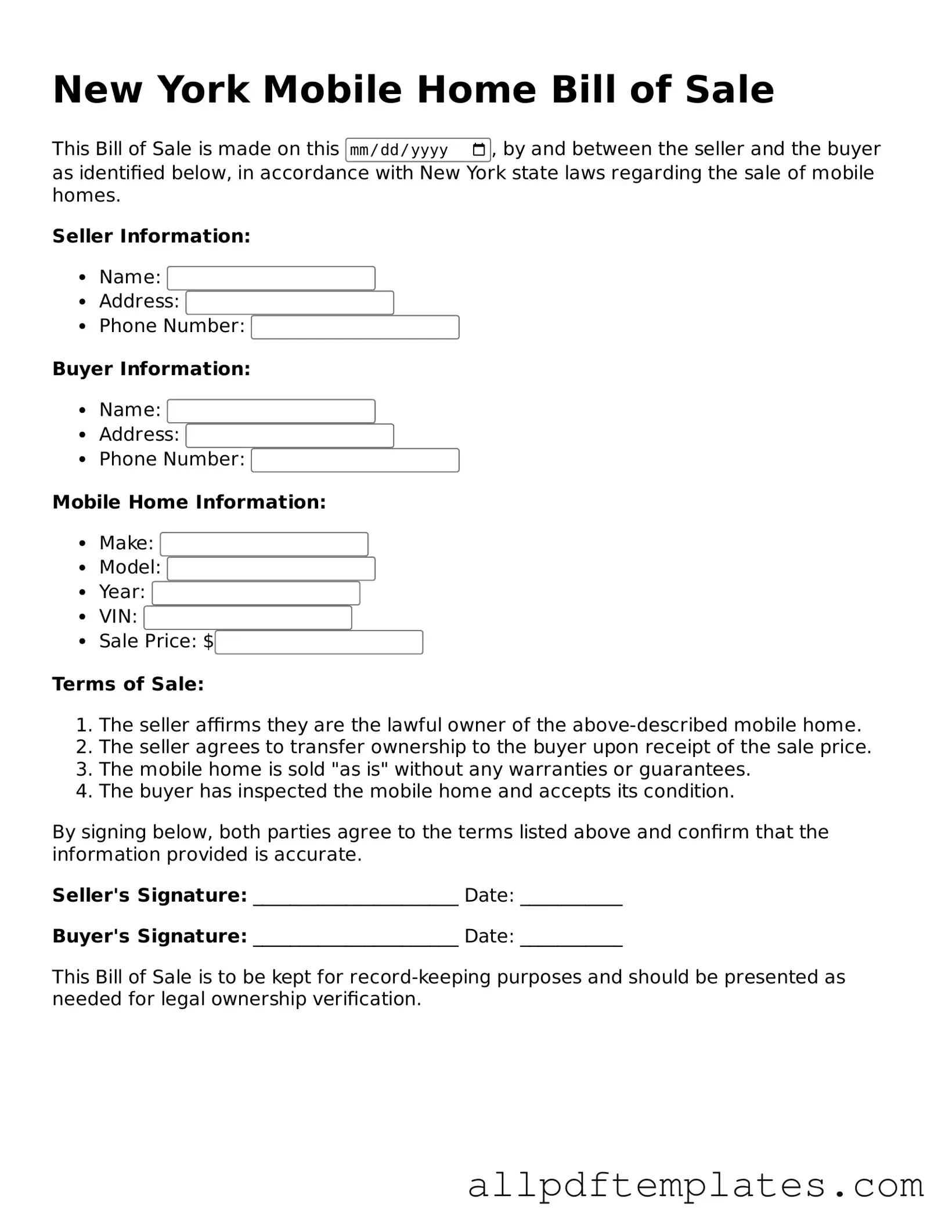 Blank Mobile Home Bill of Sale Document for New York State