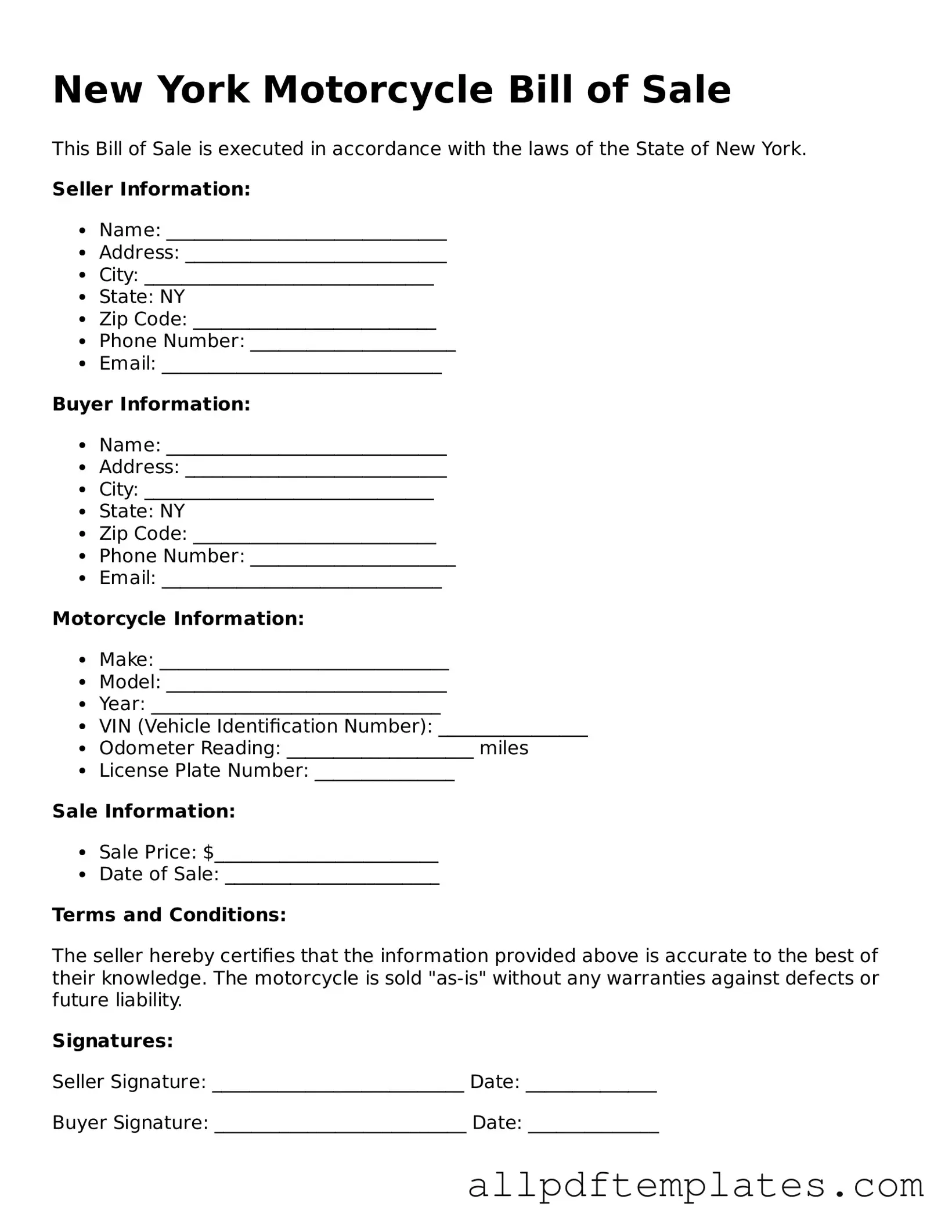 Blank Motorcycle Bill of Sale Document for New York State