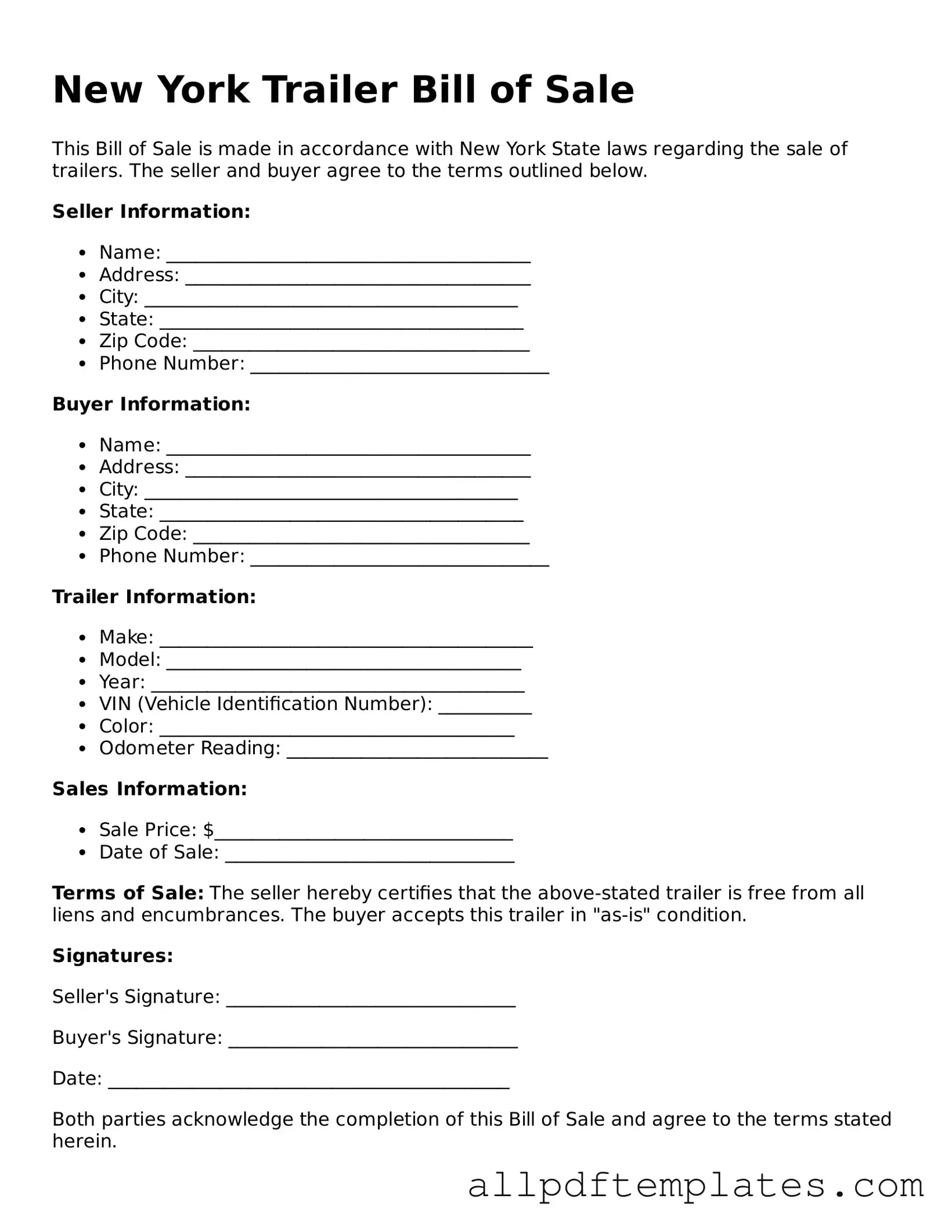 Blank Trailer Bill of Sale Document for New York State