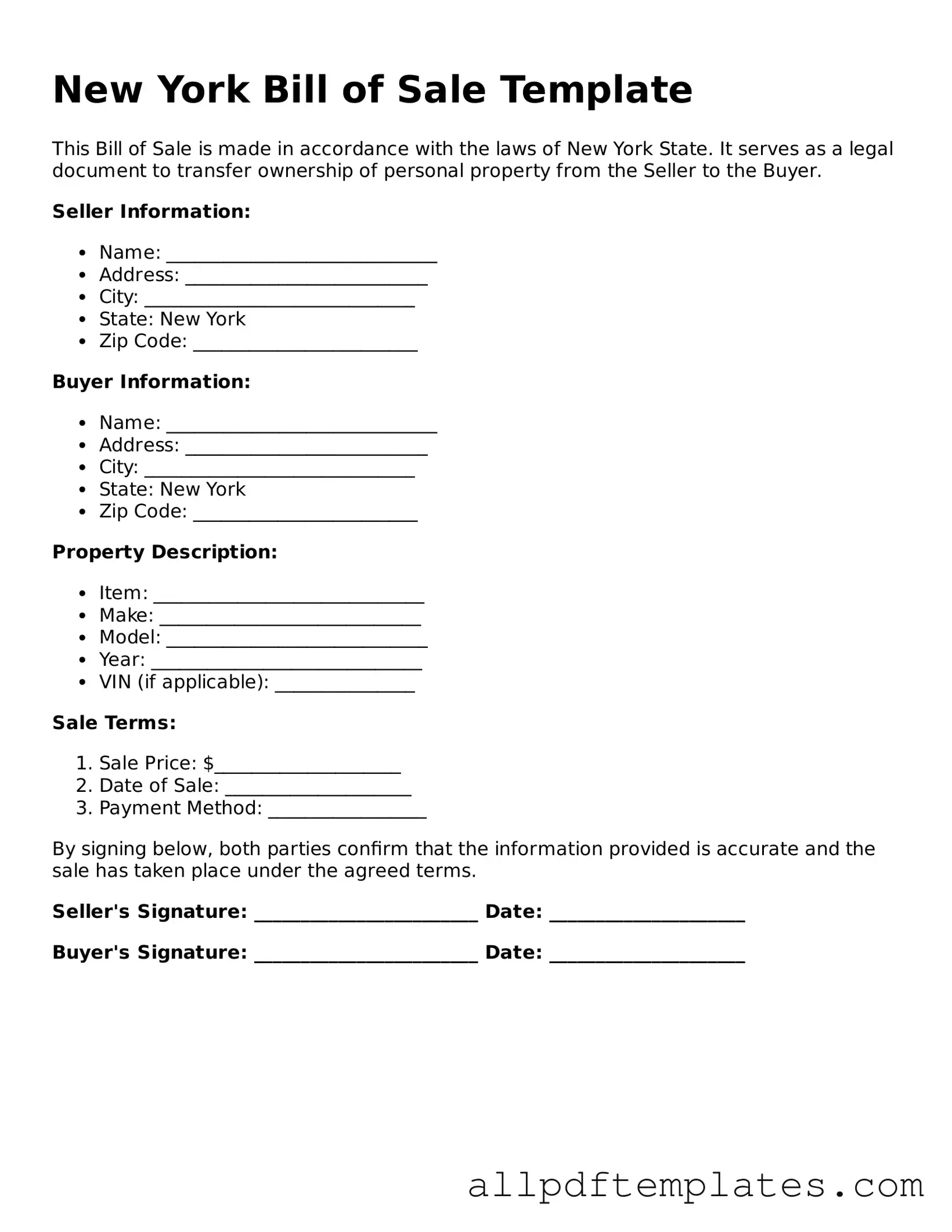 Blank Bill of Sale Document for New York State