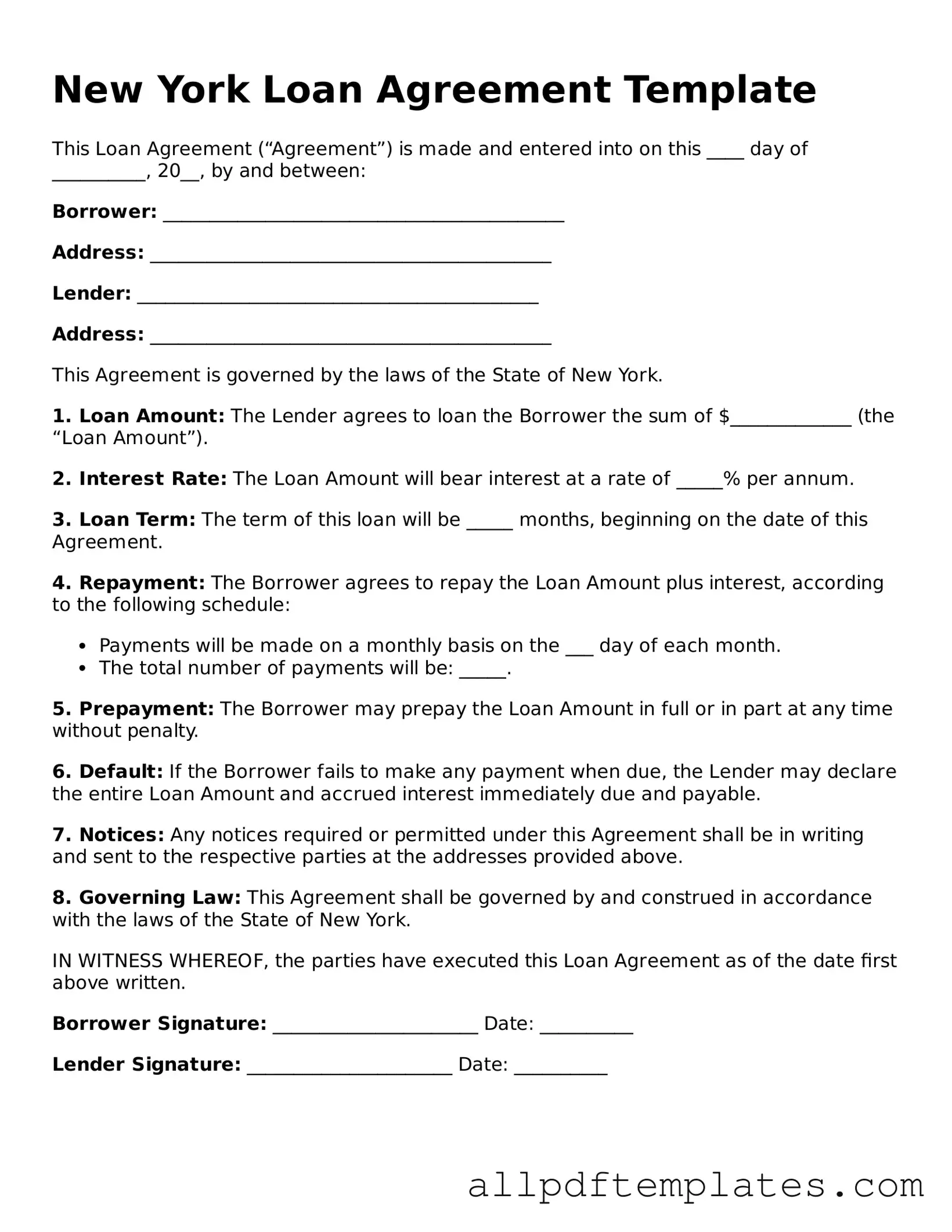 Blank Loan Agreement Document for New York State