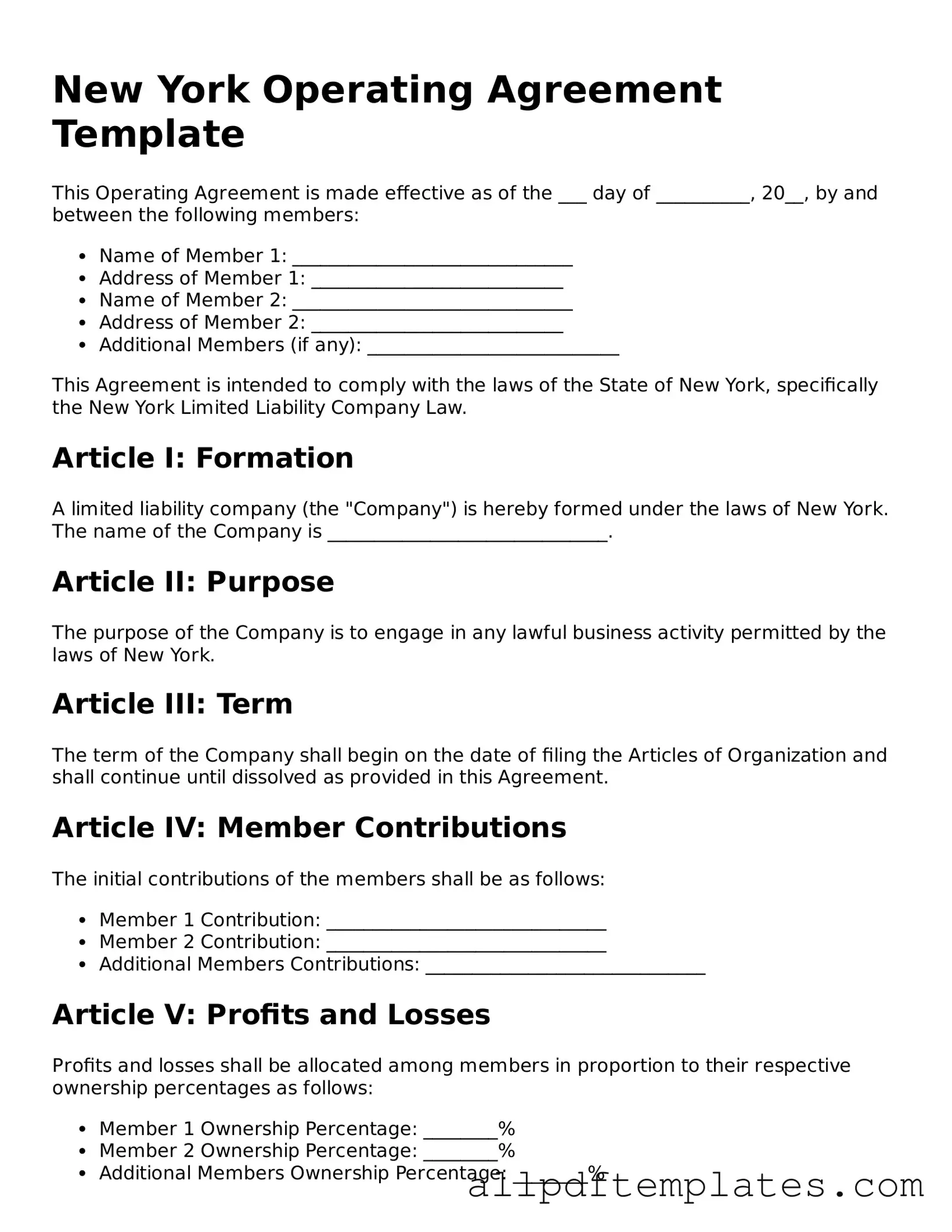 Blank Operating Agreement Document for New York State