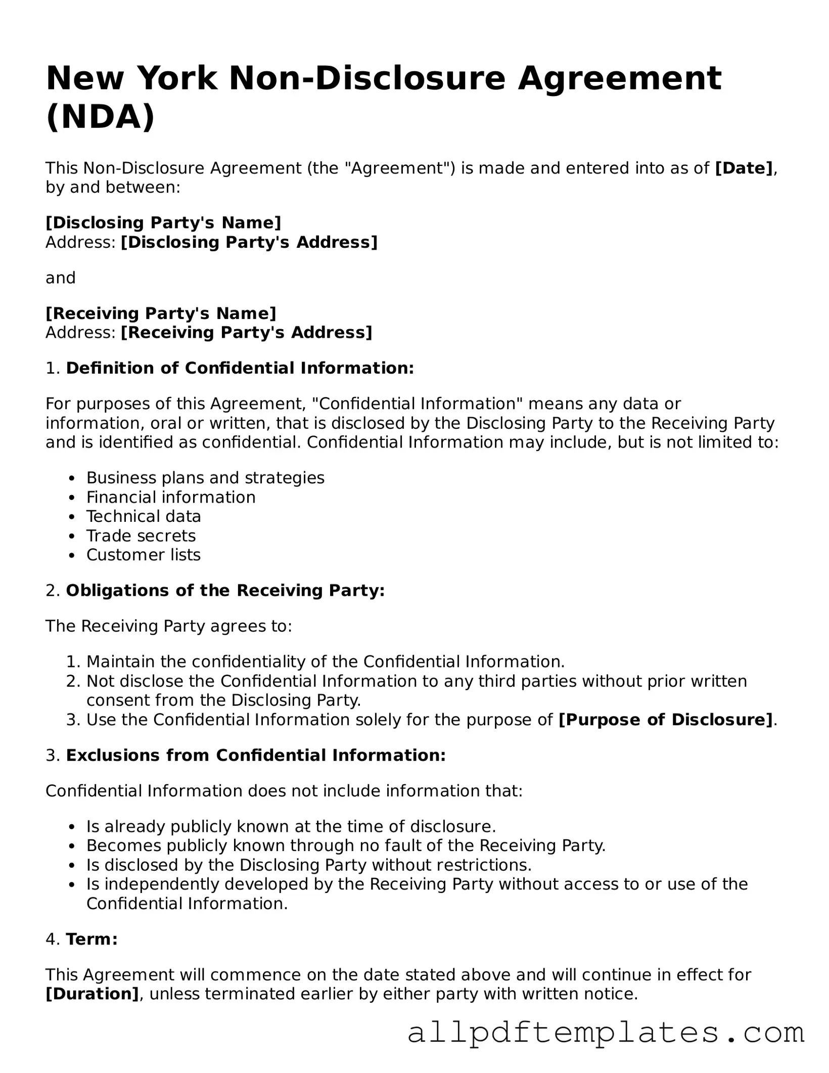 Blank Non-disclosure Agreement Document for New York State