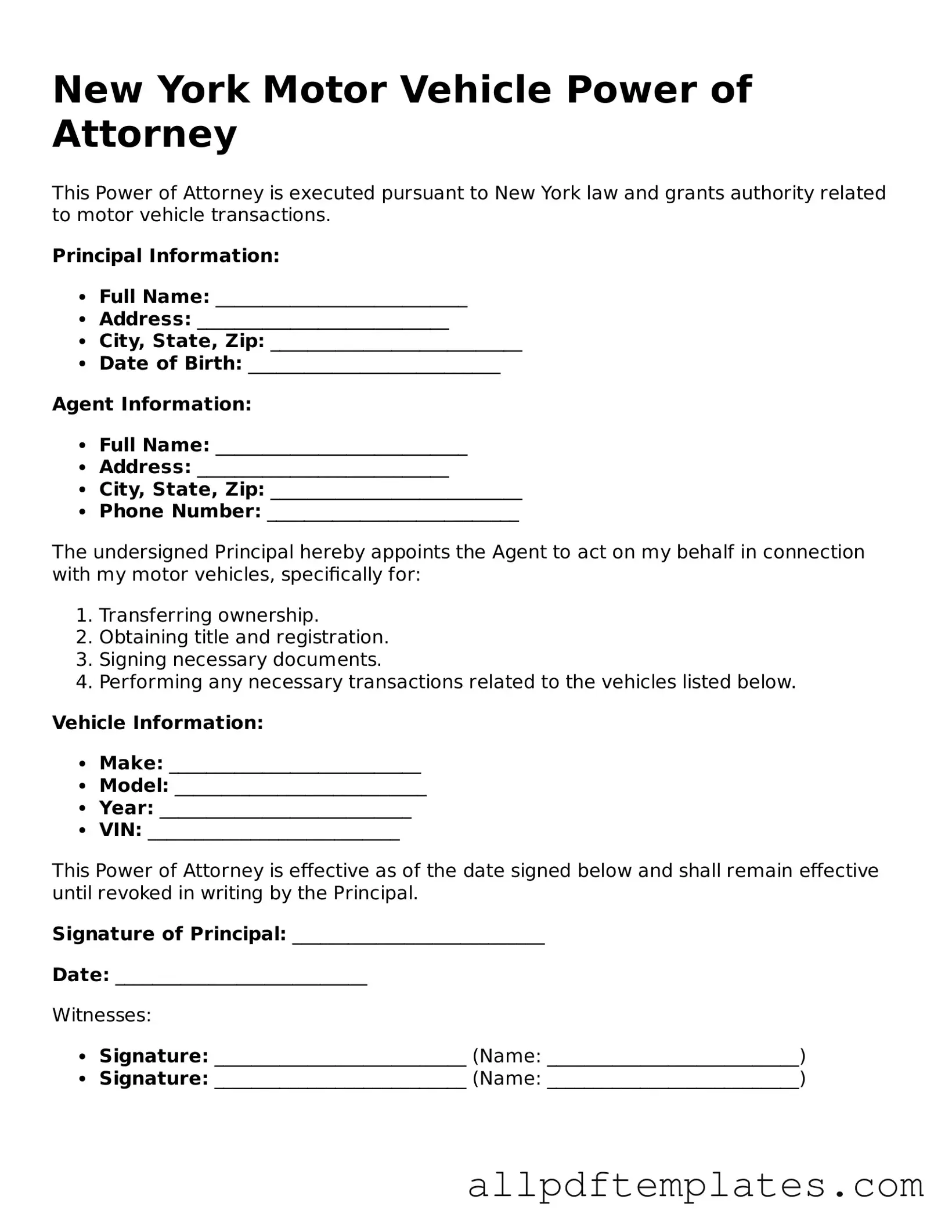 Blank Motor Vehicle Power of Attorney Document for New York State