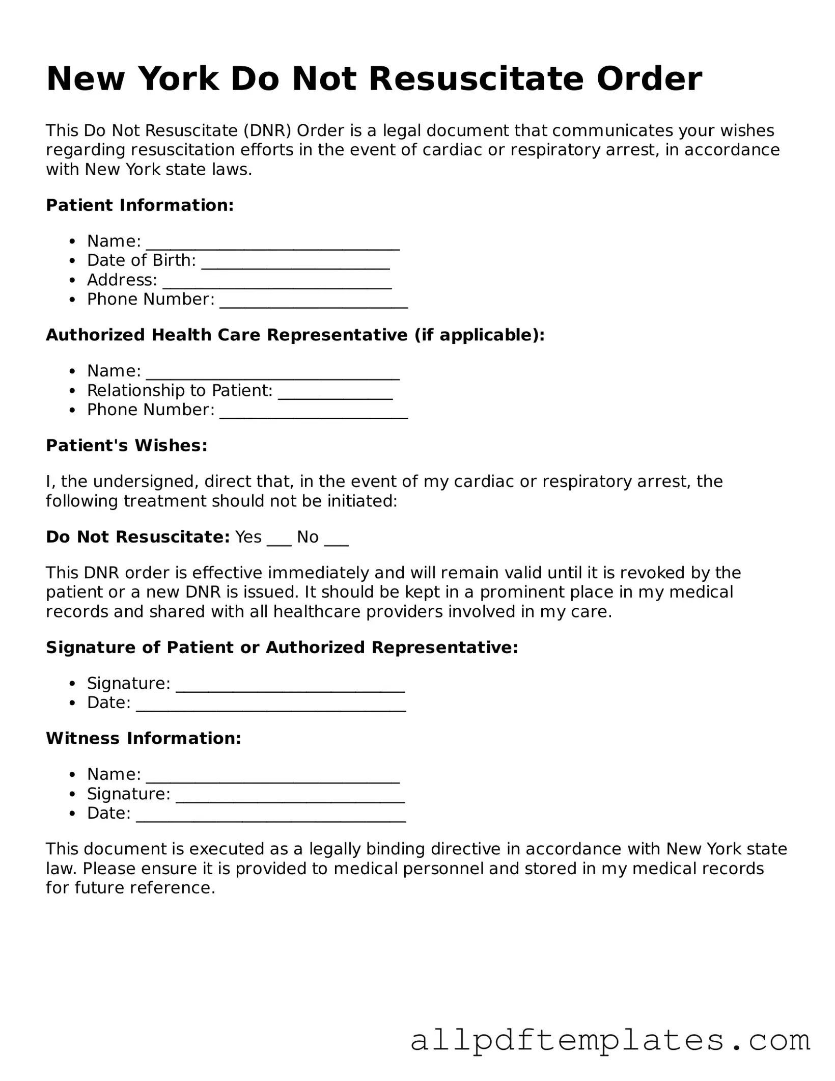 Blank Do Not Resuscitate Order Document for New York State