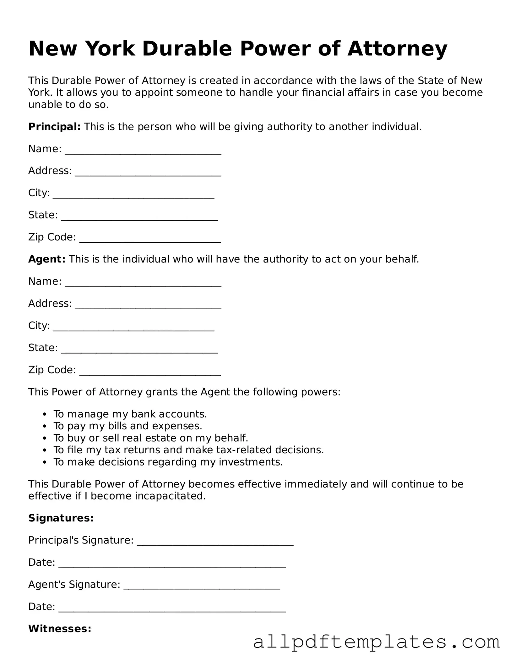 Blank Durable Power of Attorney Document for New York State