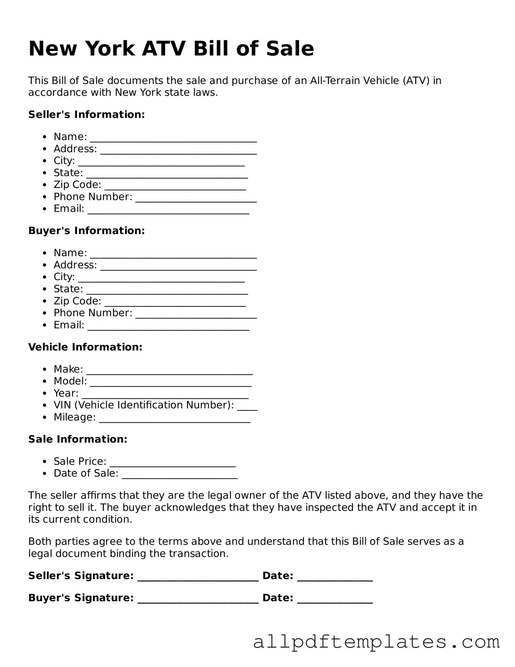 Blank ATV Bill of Sale Document for New York State