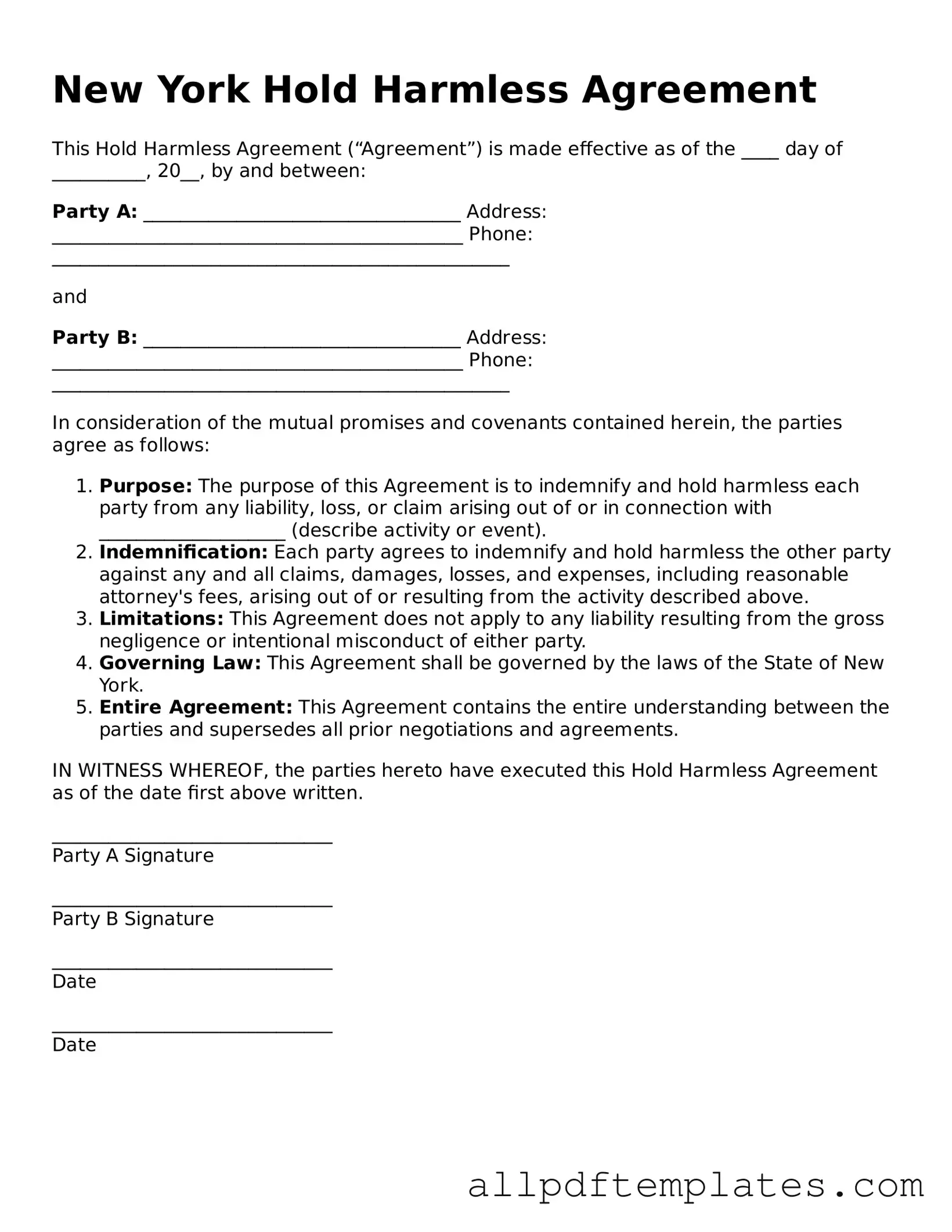 Blank Hold Harmless Agreement Document for New York State