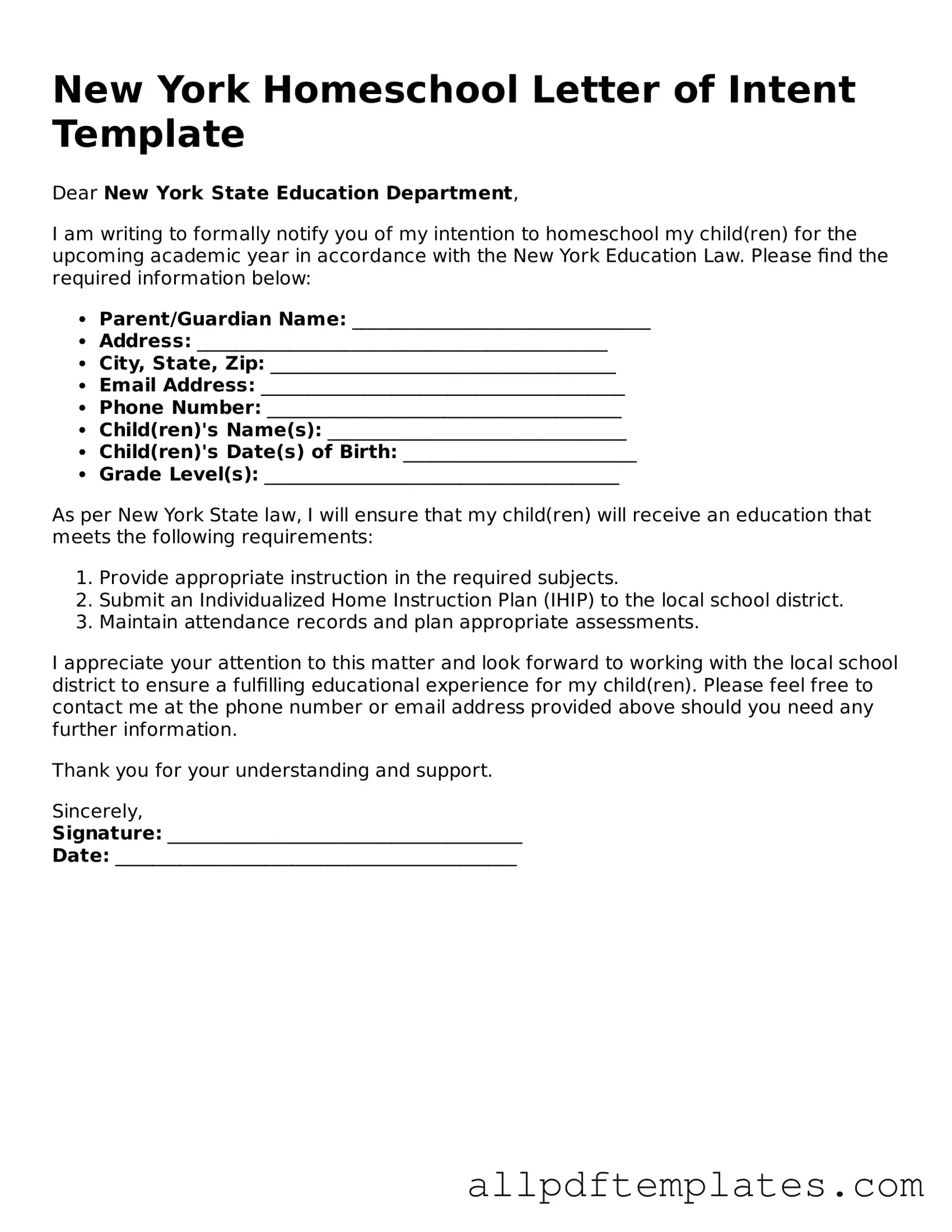 Blank Homeschool Letter of Intent Document for New York State