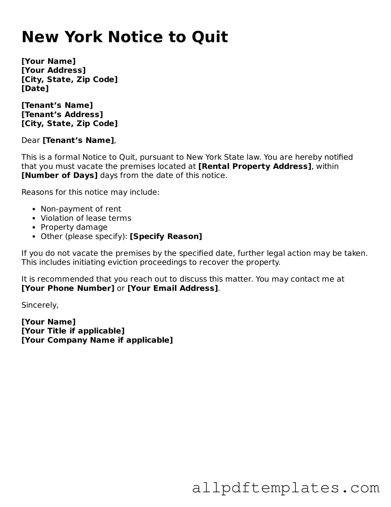 Blank Notice to Quit Document for New York State