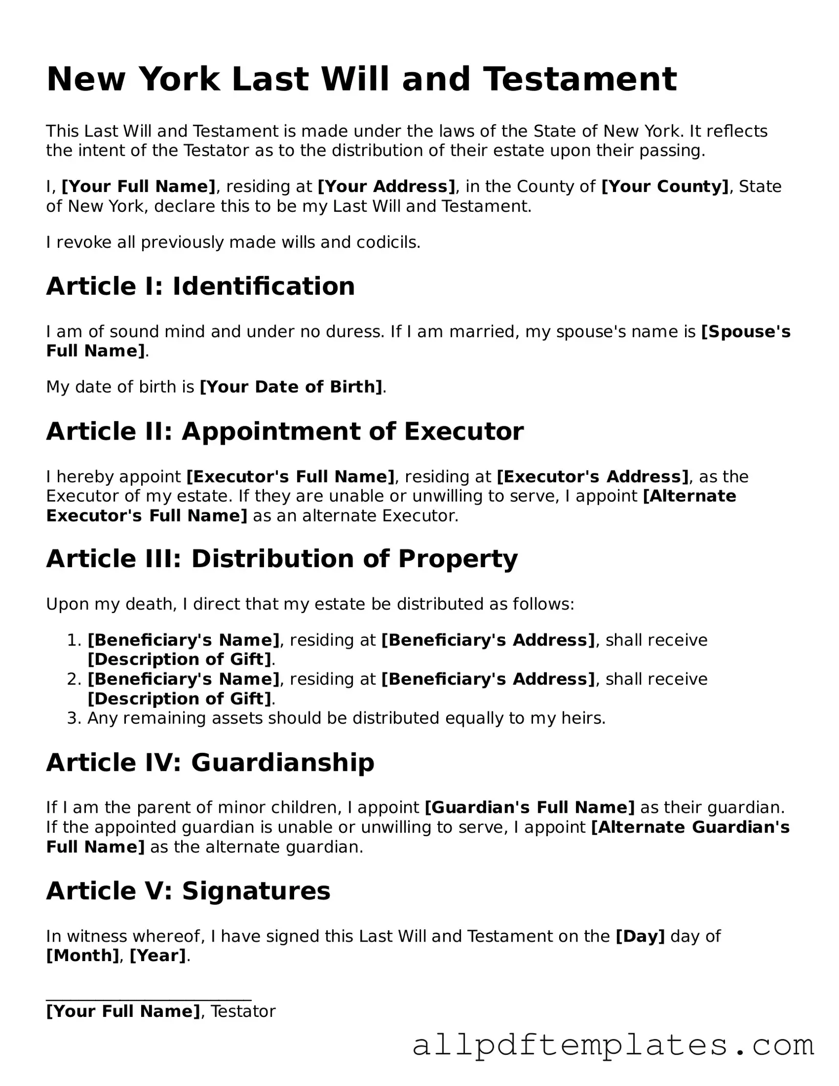 Blank Last Will and Testament Document for New York State