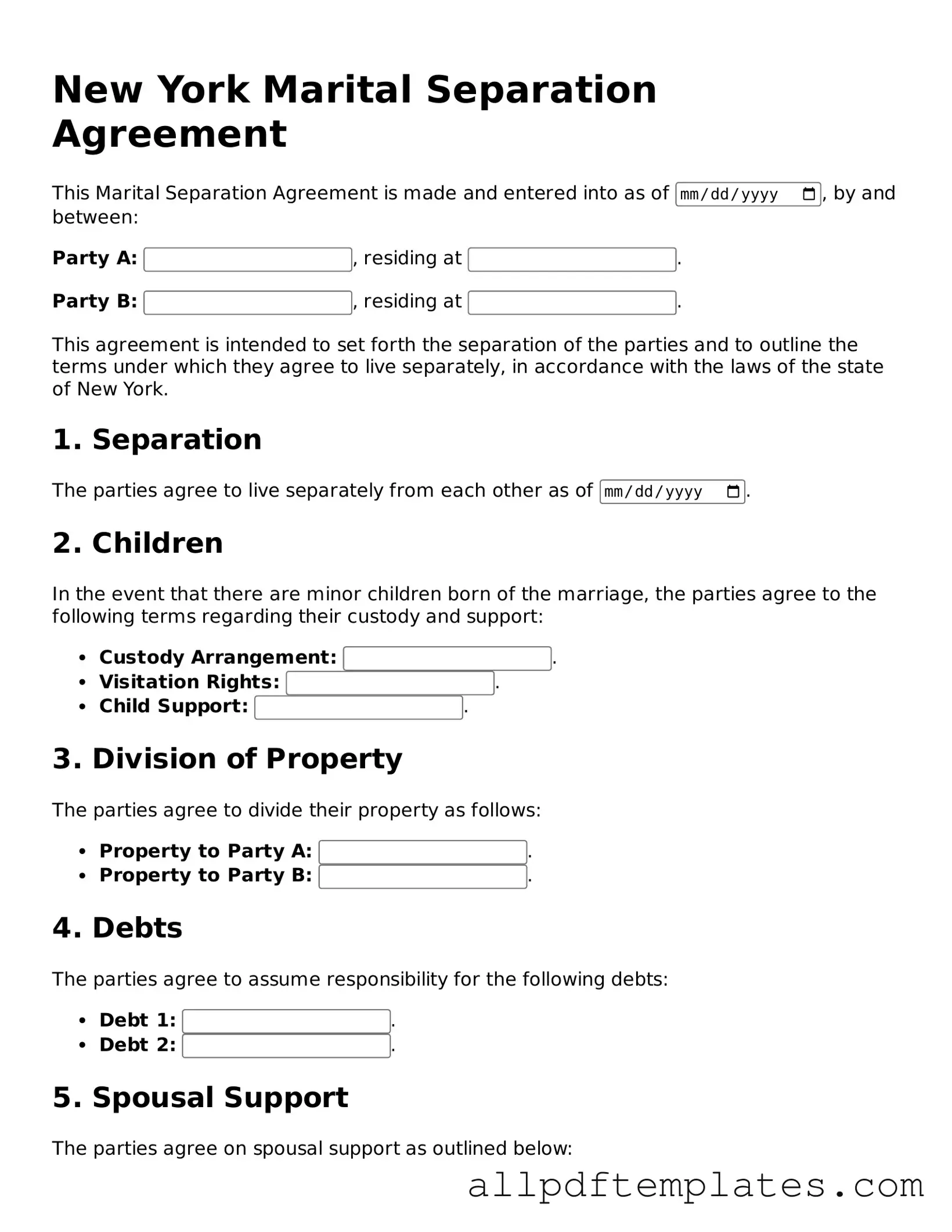 Blank Marital Separation Agreement Document for New York State