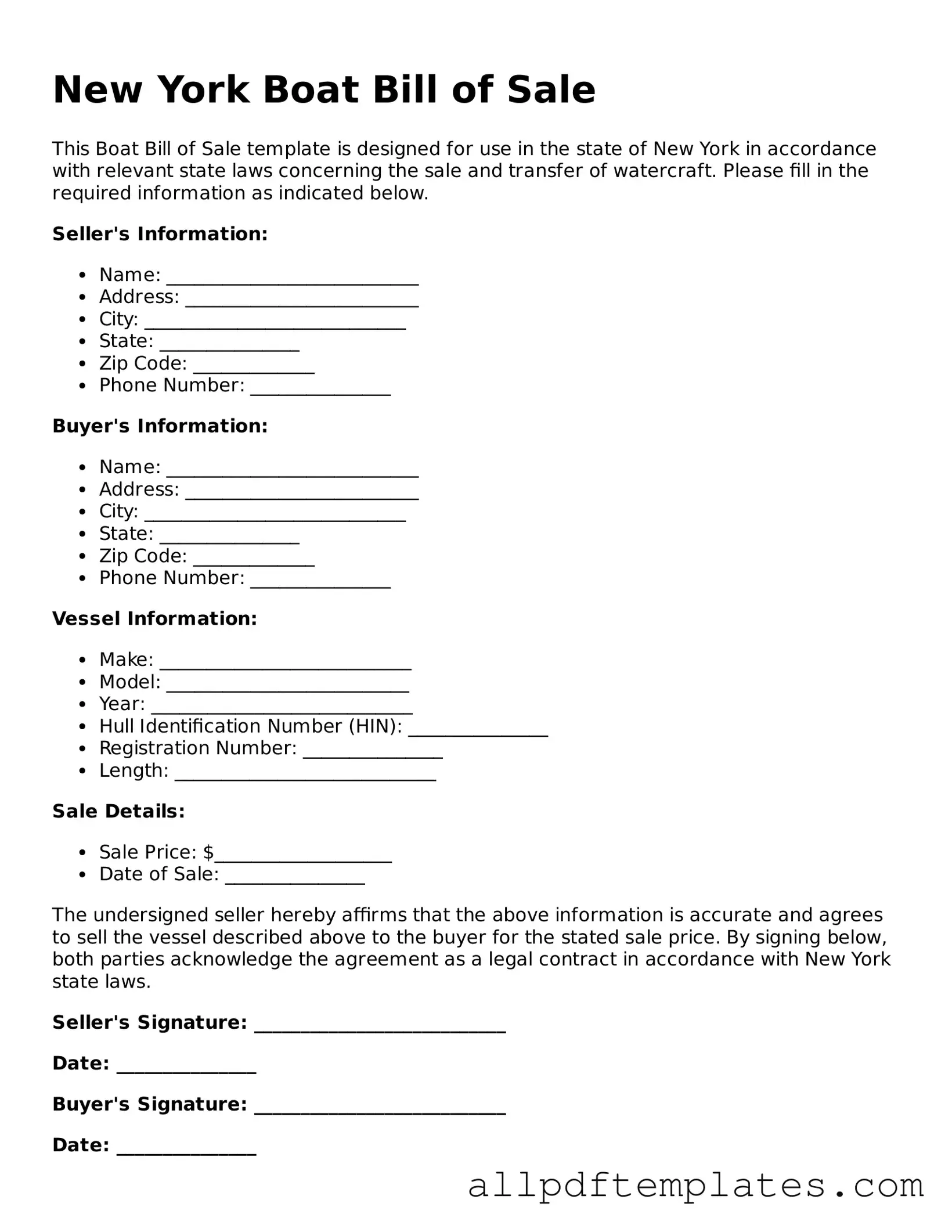 Blank Boat Bill of Sale Document for New York State