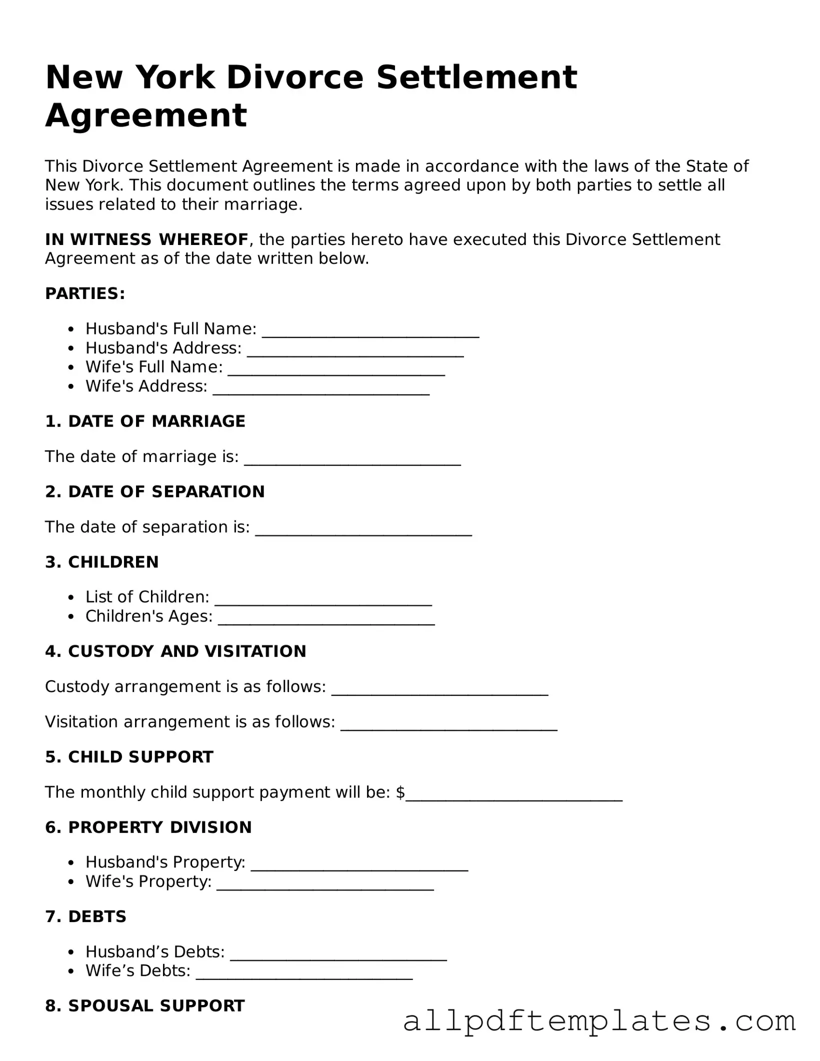 Blank Divorce Settlement Agreement Document for New York State