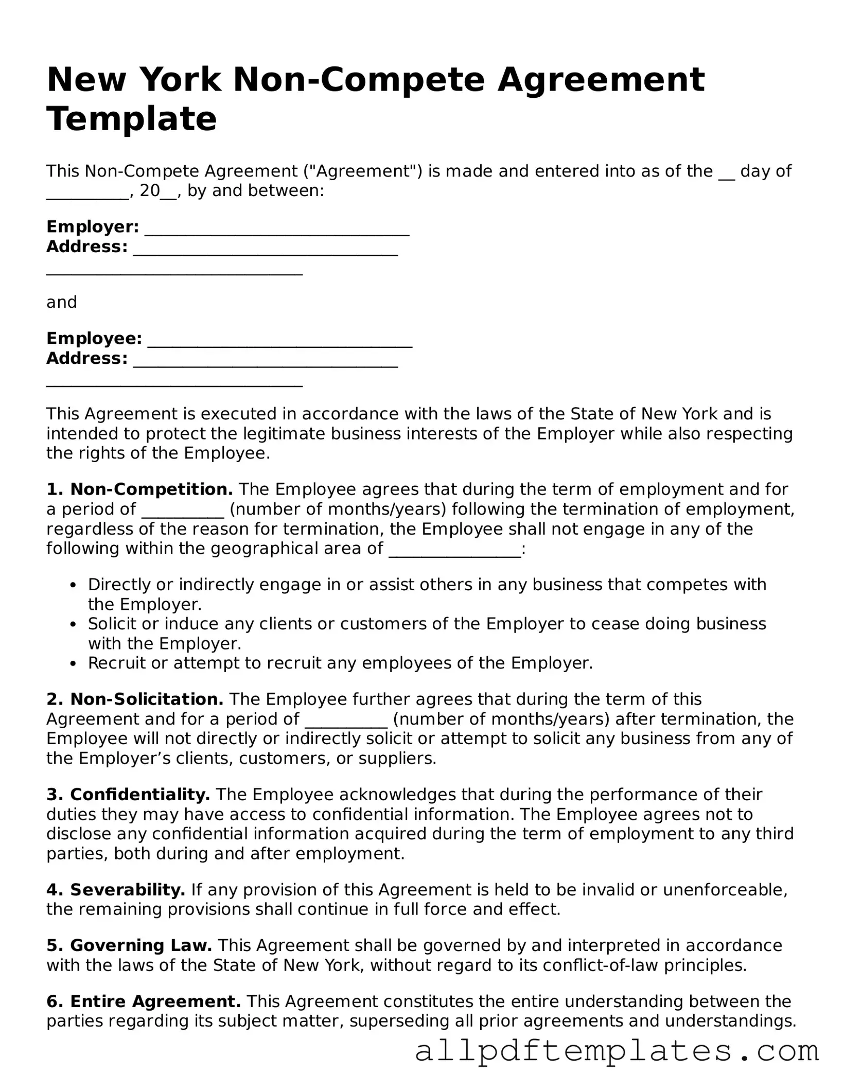 Blank Non-compete Agreement Document for New York State