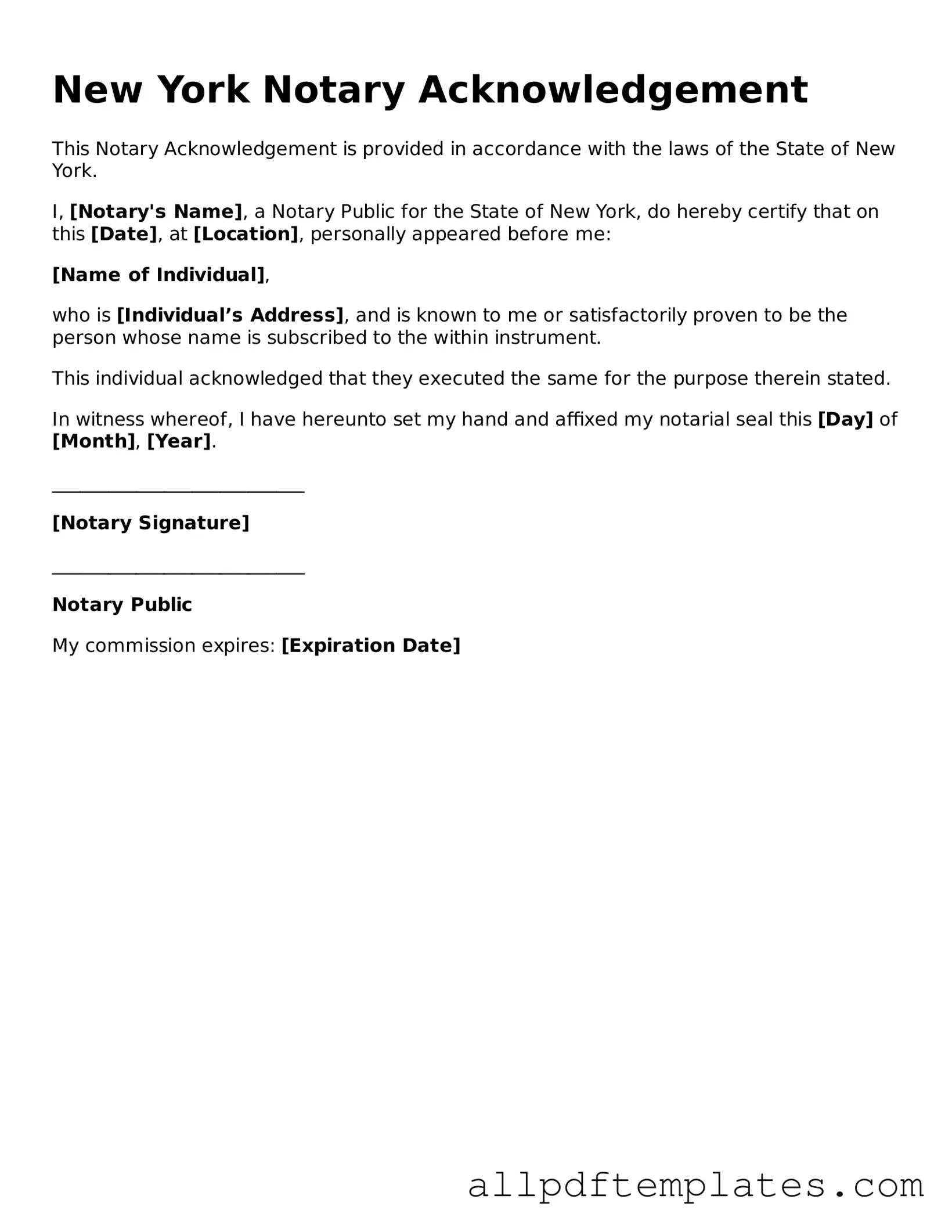 Blank Notary Acknowledgement Document for New York State
