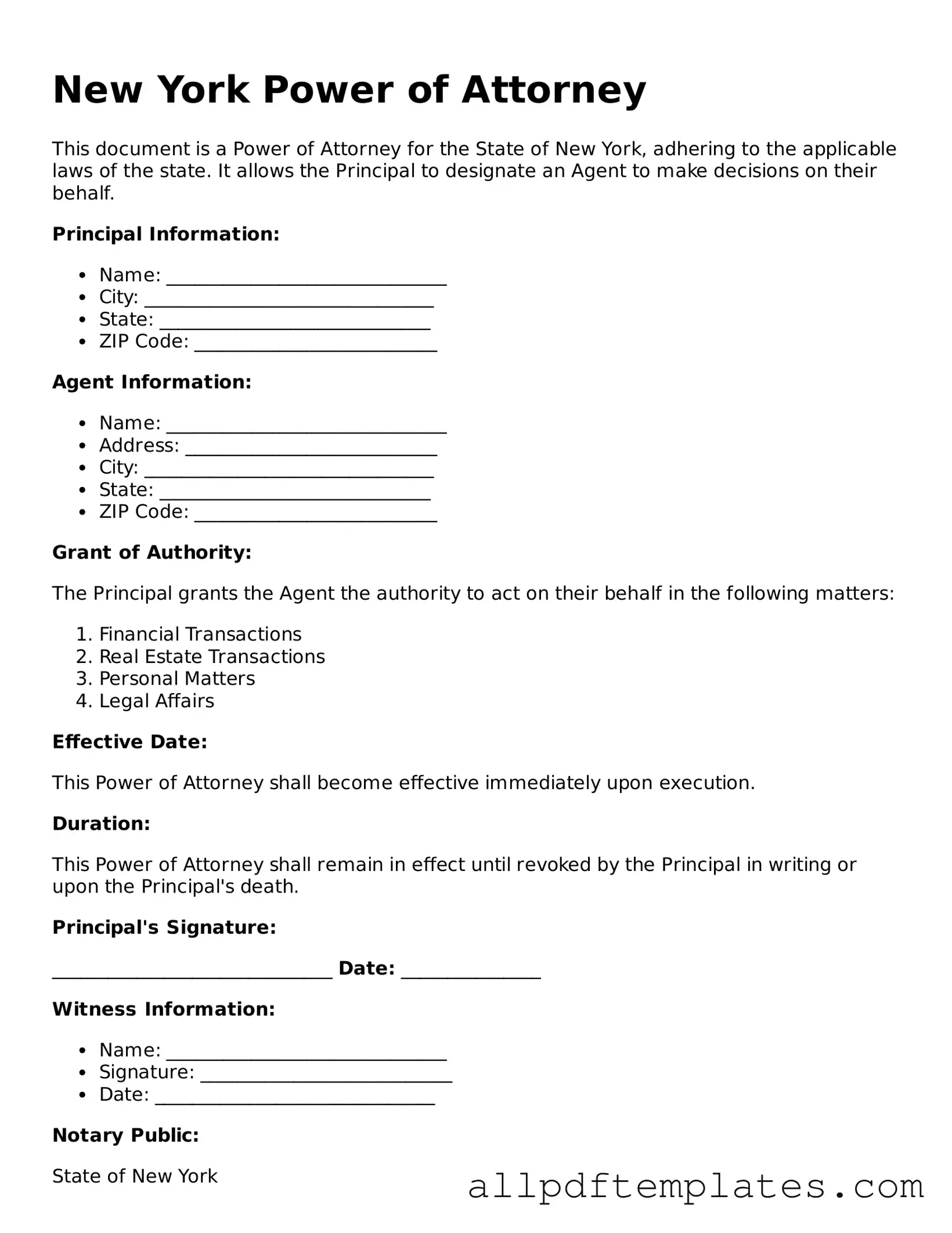 Blank Power of Attorney Document for New York State