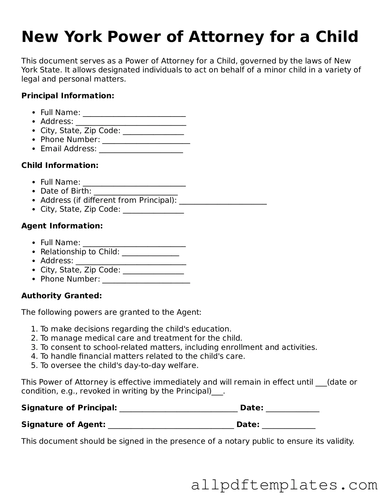 Blank Power of Attorney for a Child Document for New York State