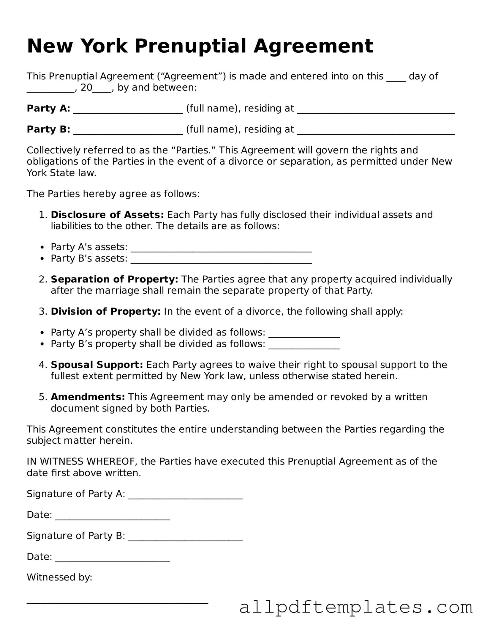 Blank Prenuptial Agreement Document for New York State