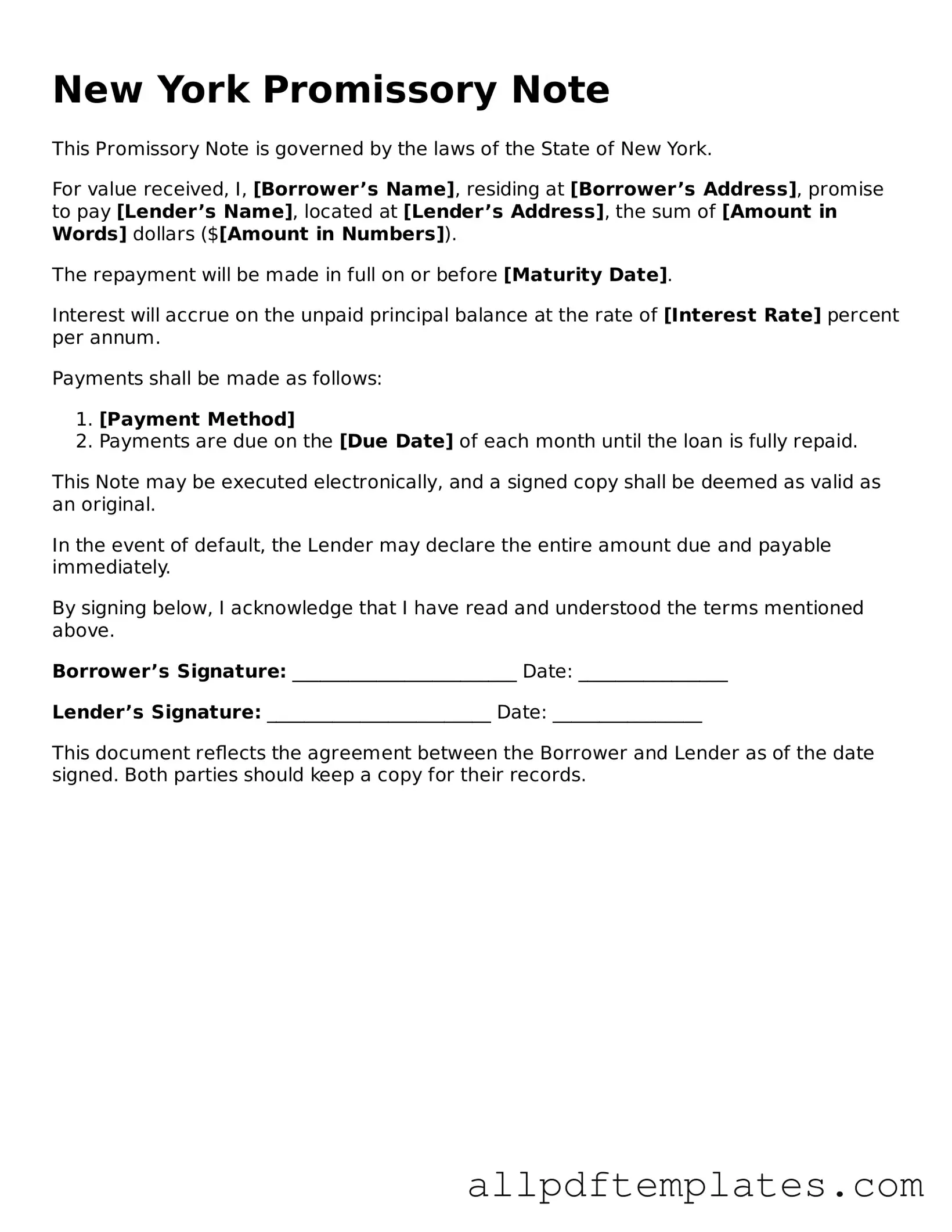 Blank Promissory Note Document for New York State