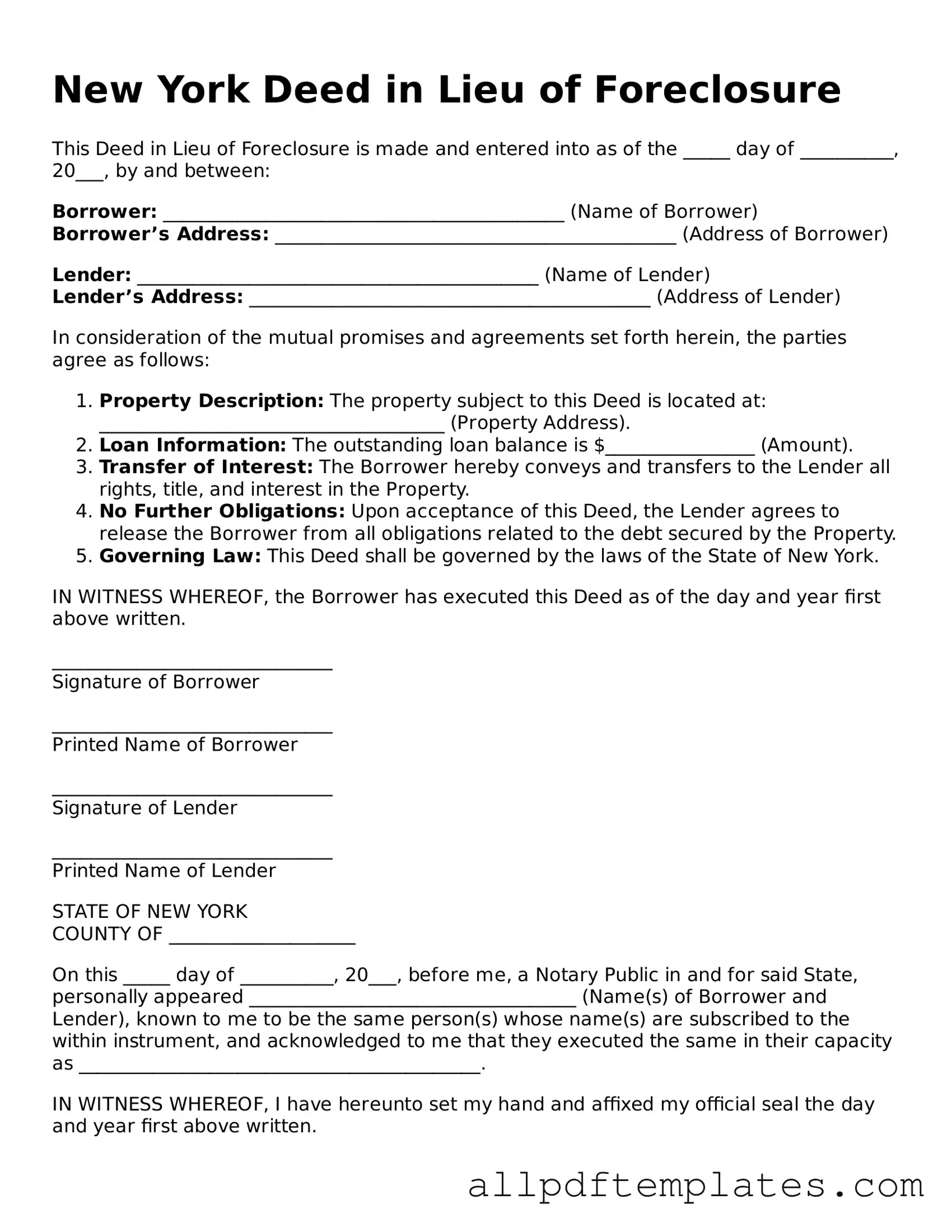Blank Deed in Lieu of Foreclosure Document for New York State