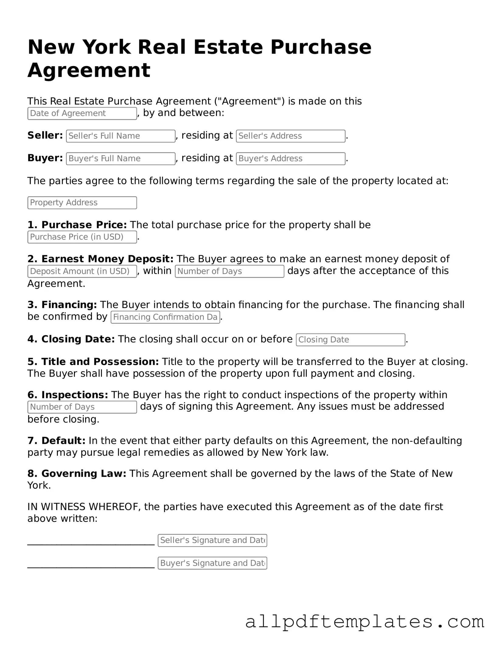 Blank Real Estate Purchase Agreement Document for New York State