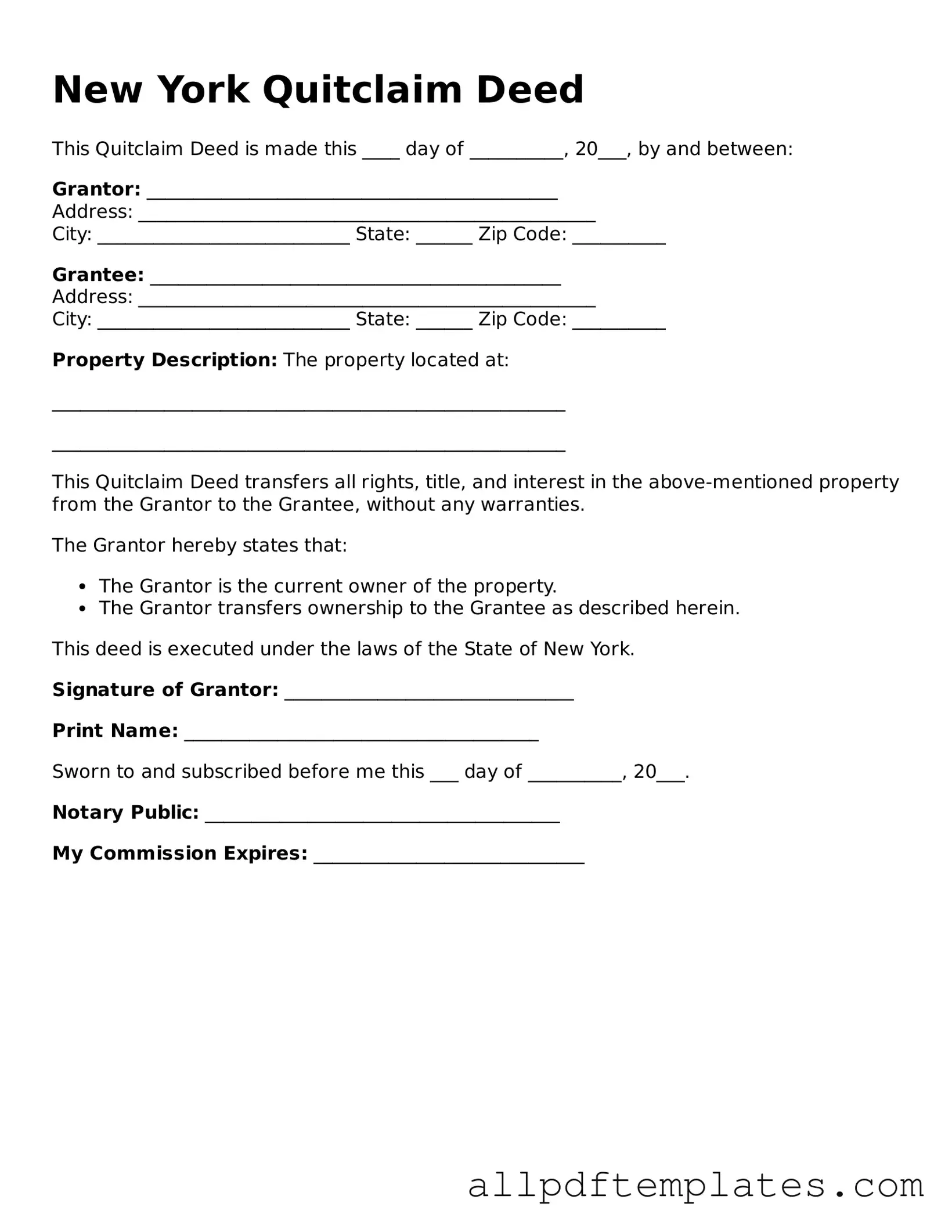 Blank Quitclaim Deed Document for New York State