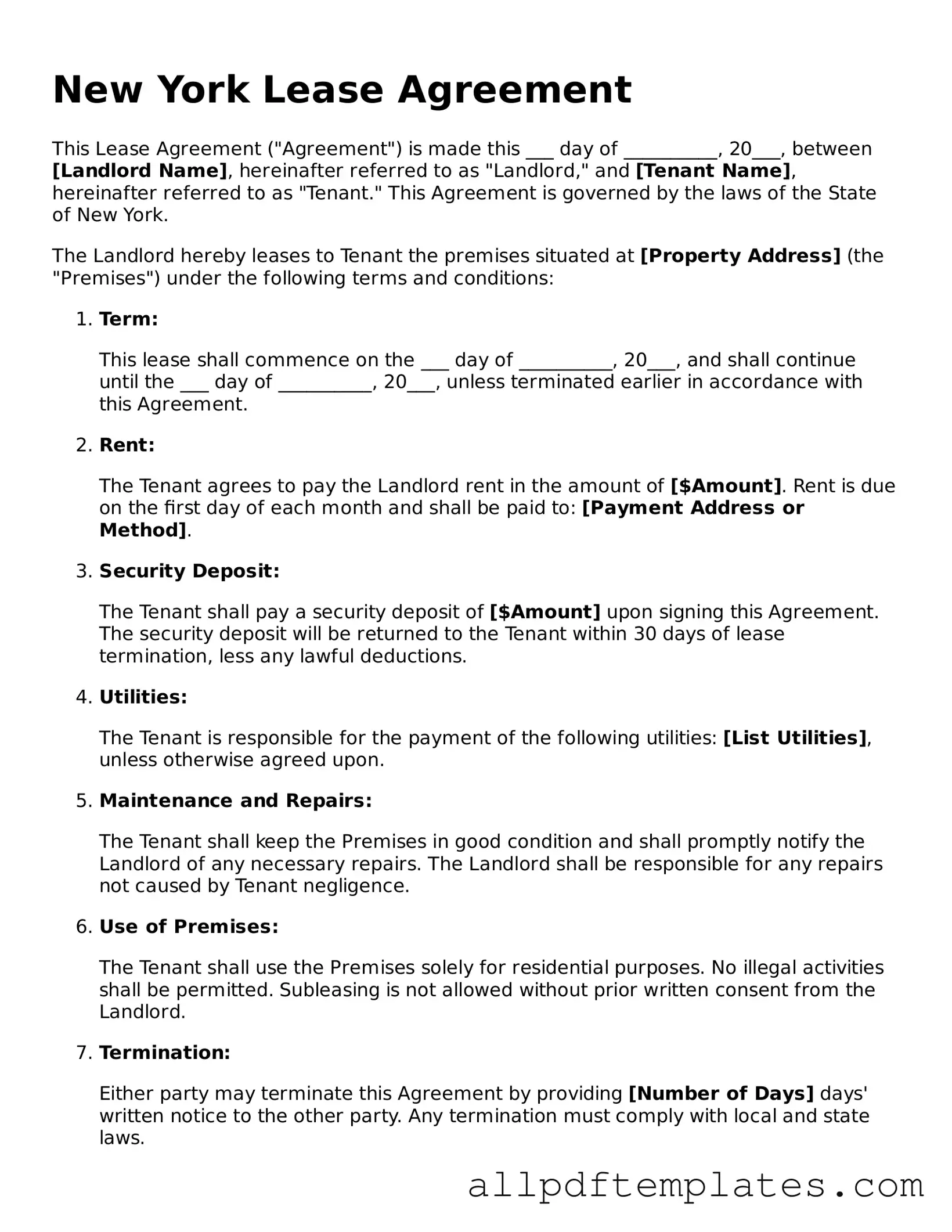 Blank Lease Agreement Document for New York State