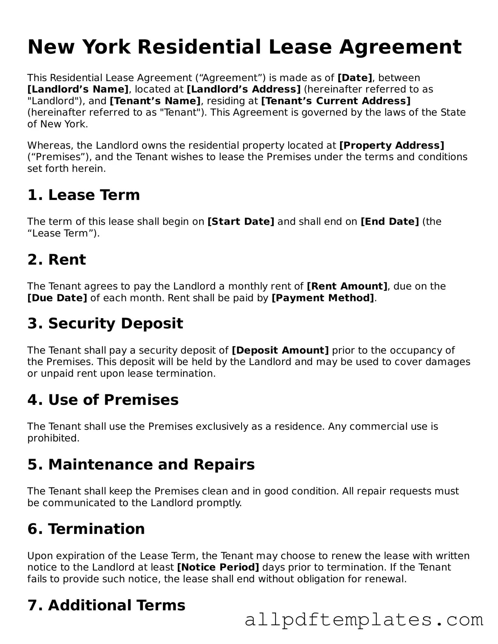 Blank Residential Lease Agreement Document for New York State