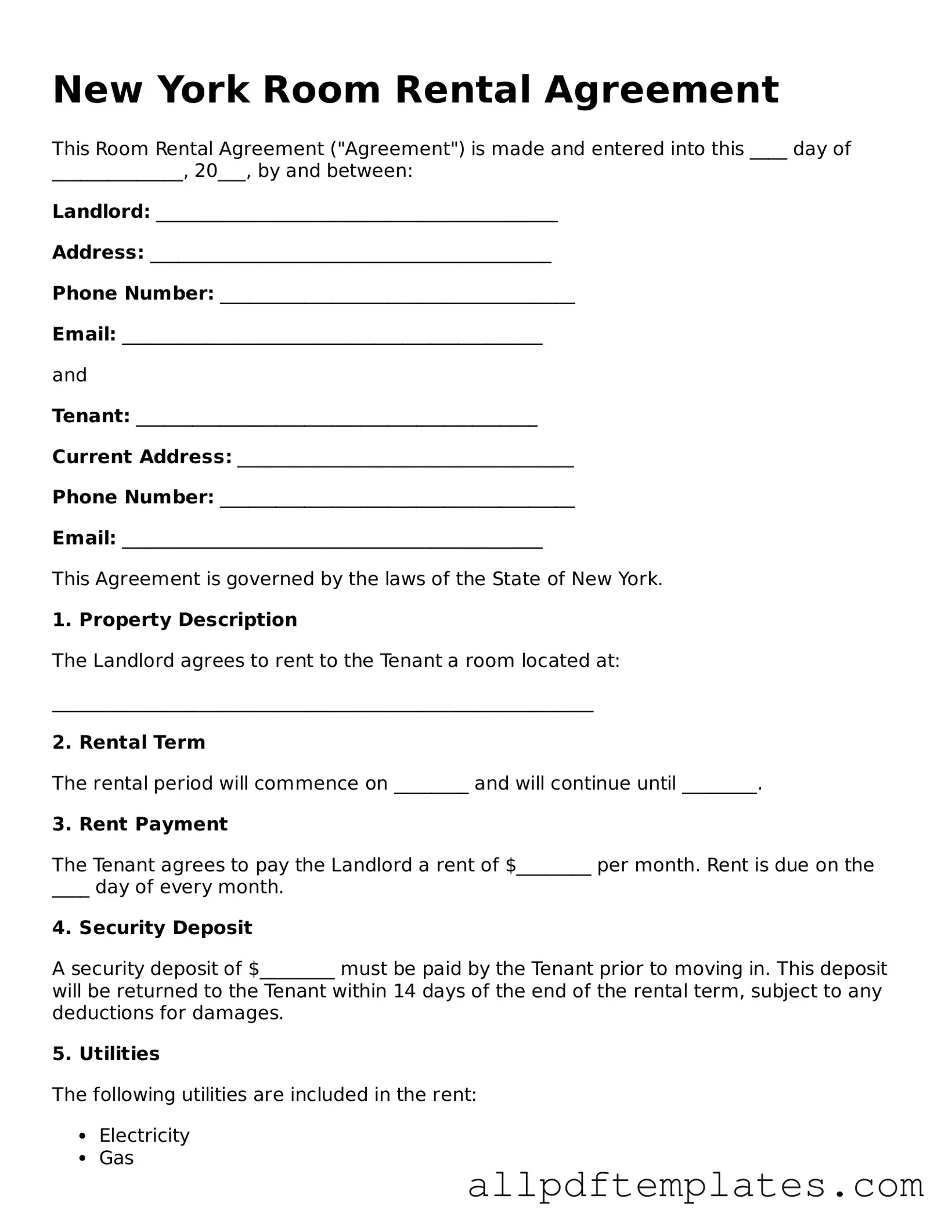 Blank Room Rental Agreement Document for New York State