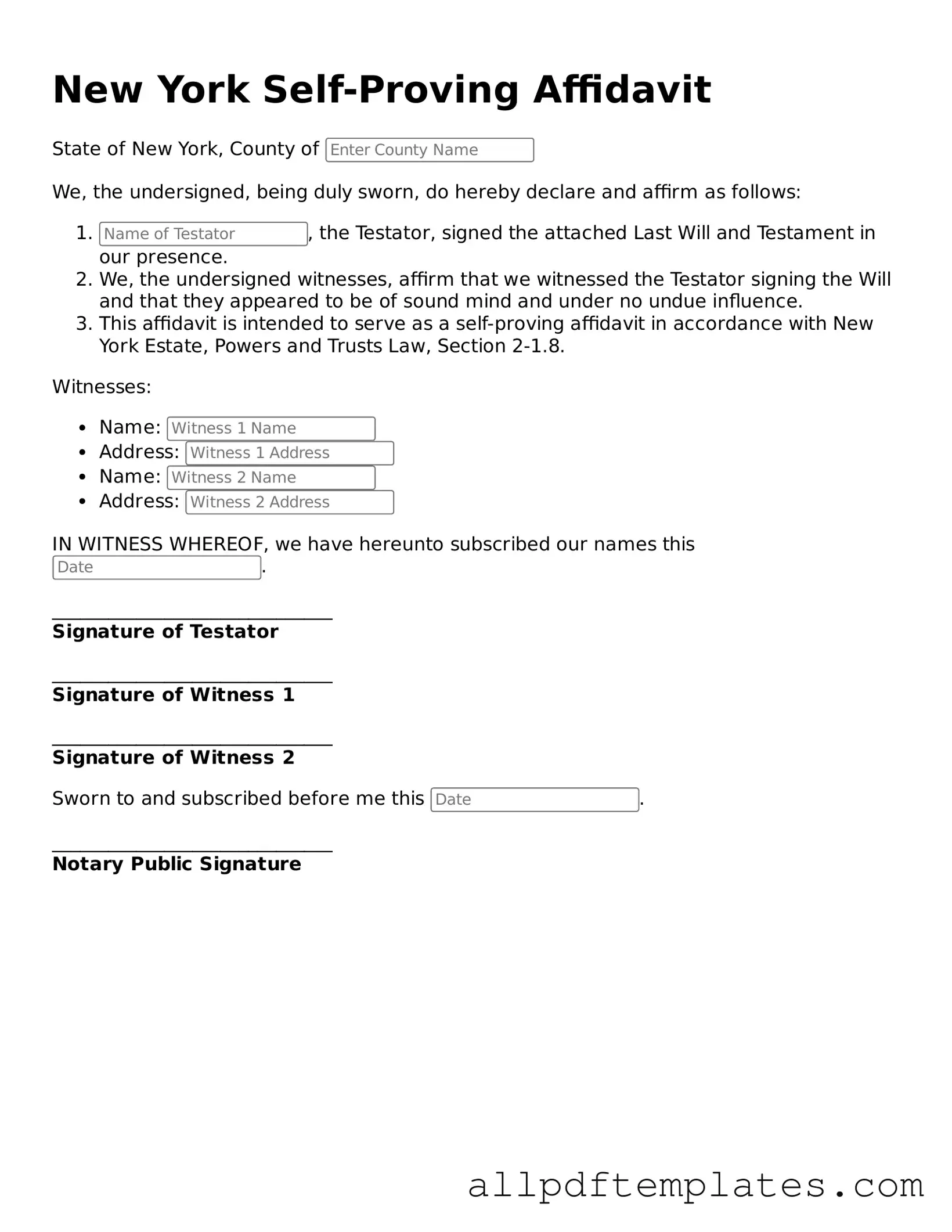 Blank Self-Proving Affidavit Document for New York State