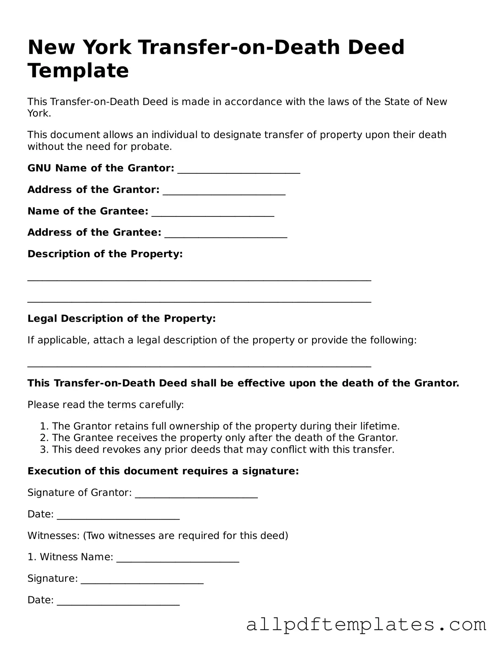 Blank Transfer-on-Death Deed Document for New York State