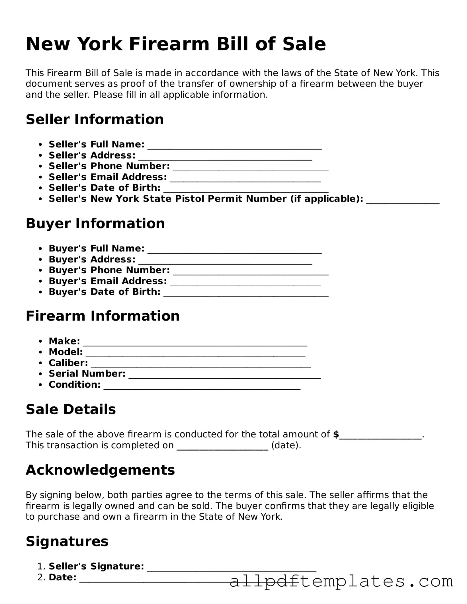 Blank Firearm Bill of Sale Document for New York State