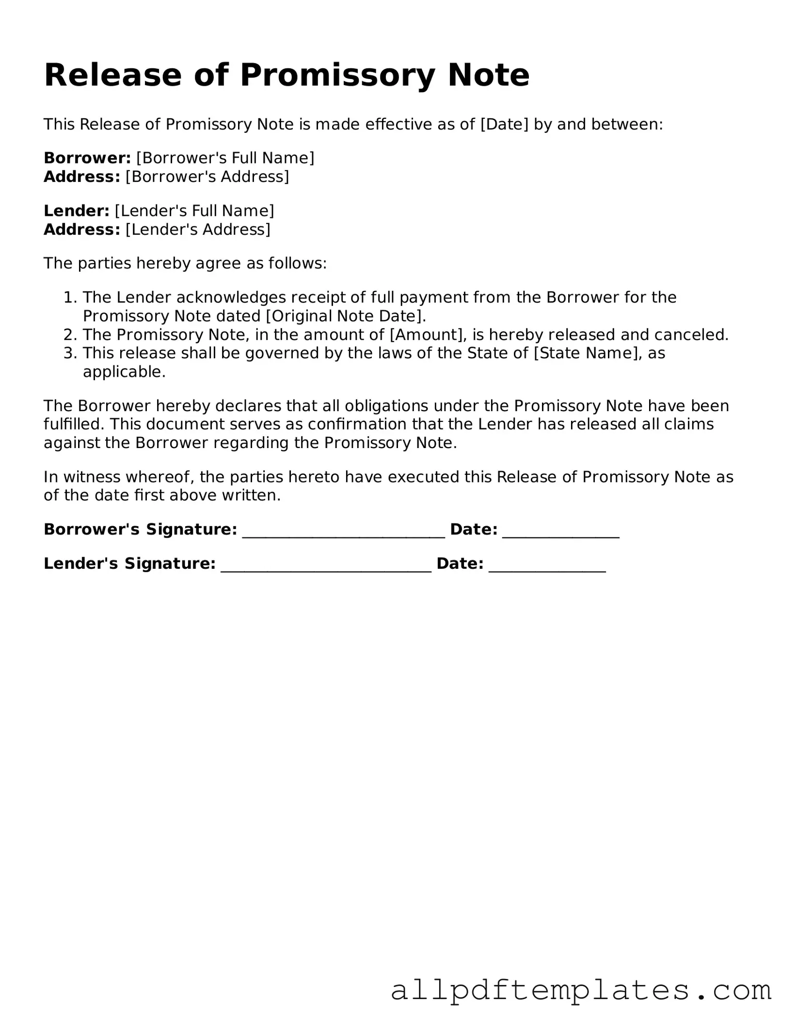 Free Release of Promissory Note Template